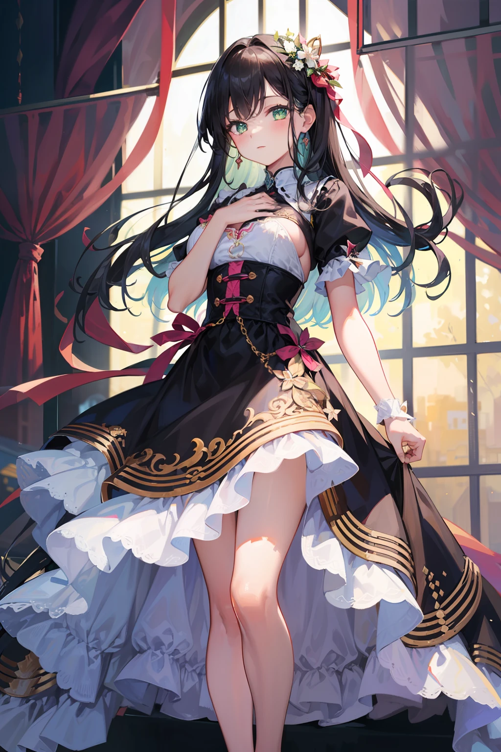1 girl in、Long Black Hair、Green eyes、Beautiful eyes、(large full breasts)、Idol outfits、Ribbons on clothes、(((frilld)))、(Pastel Dresses)、shortsleeves、Fluffy sleeves、(Idol)、((Put one hand on your chest))、beautiful foot、Standing picture、is standing、Background of the live venue、(High resolution of the highest quality)、((masterpiece best quality:1.2)), [[Bad face]], [[Fused fingers]]