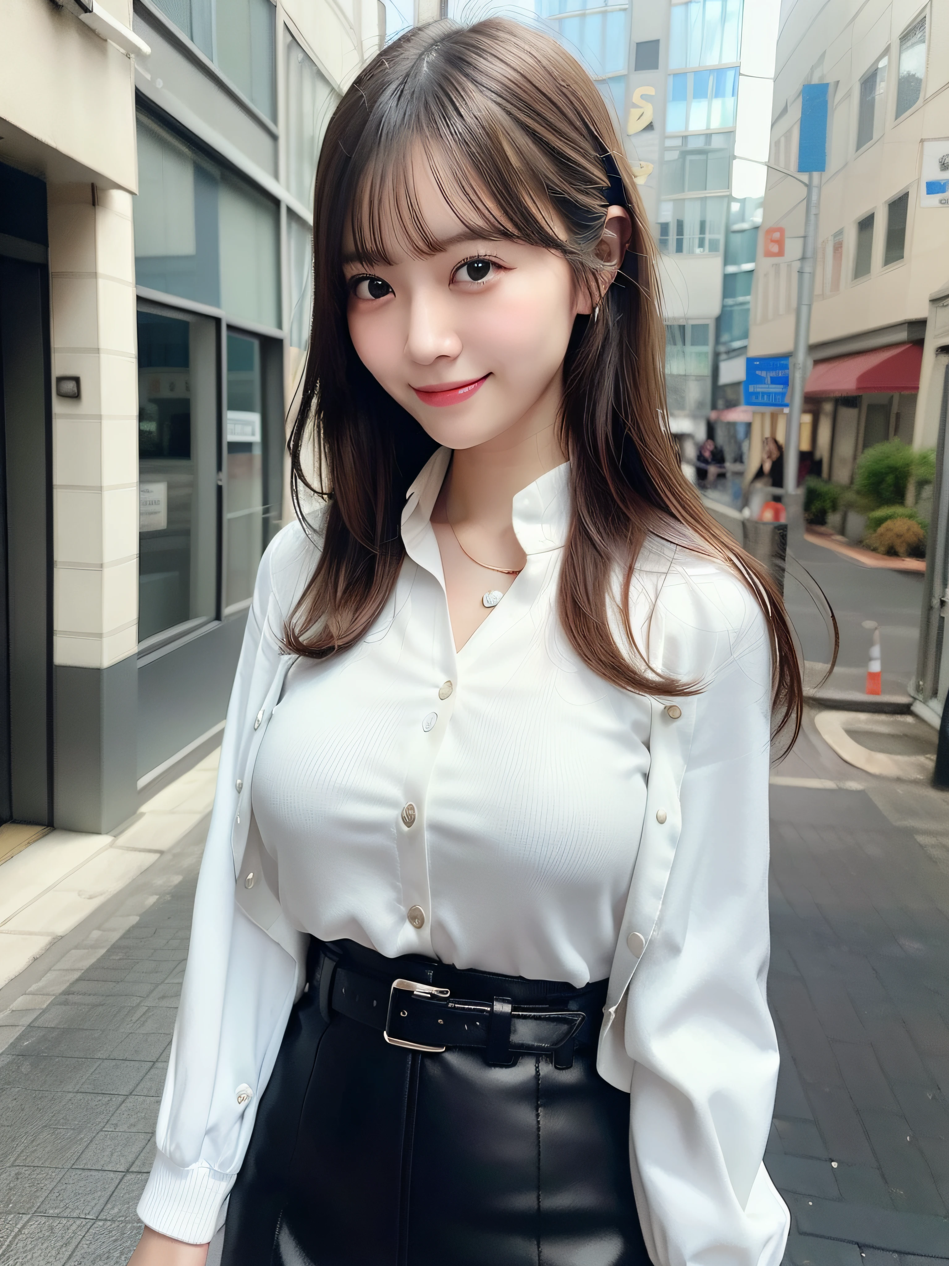 Woman in office casual、In the street、Jacket Suit、White blouse、a belt、tight skirts、fullllbody、top-quality、ultra-detailliert、超A high resolution、(Photorealsitic:1.8)、Saika 1、Erotic face、looking at the viewers、a smile、natural soft light、huge tit