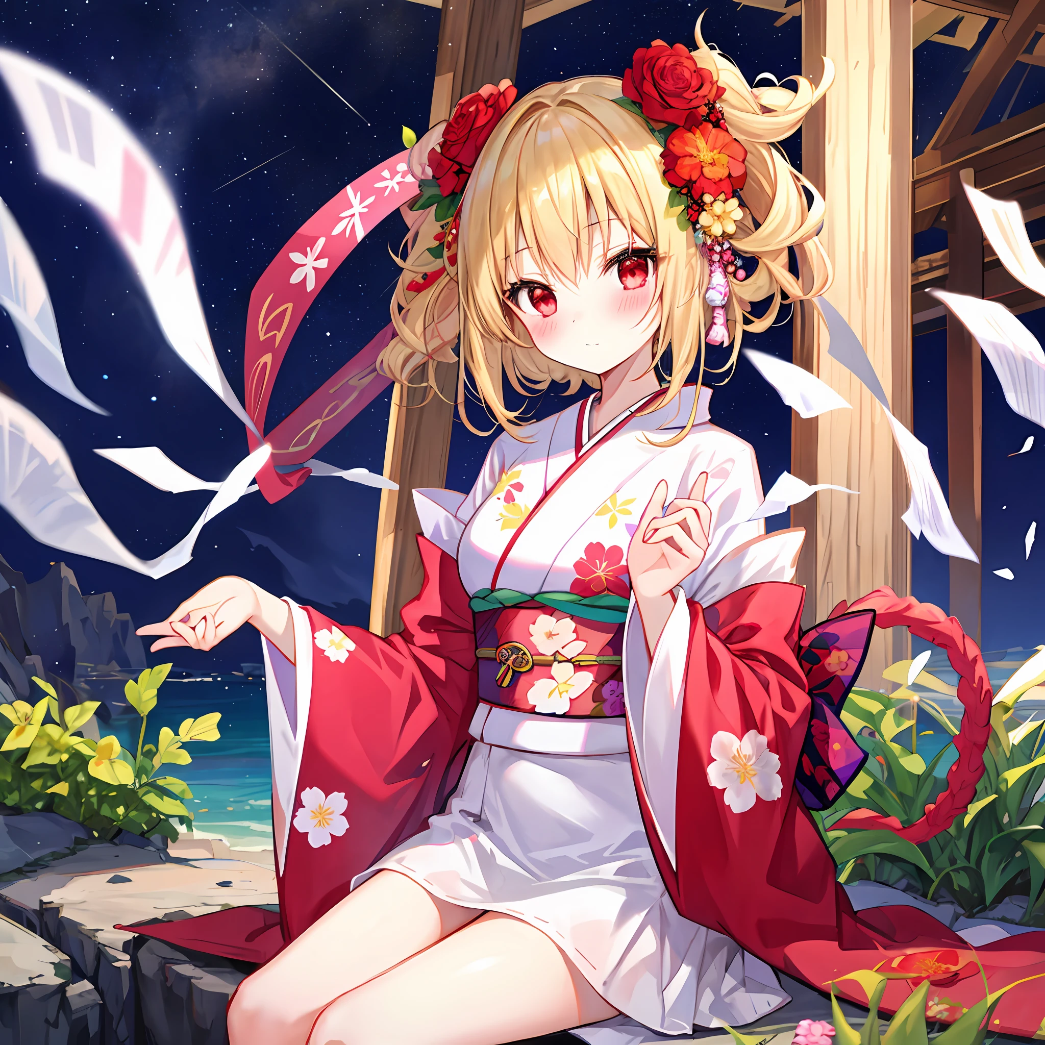 red blush、blonde hair、red eyes、Beautiful girl alone、animesque、独奏、Kimono、florals、lonely
