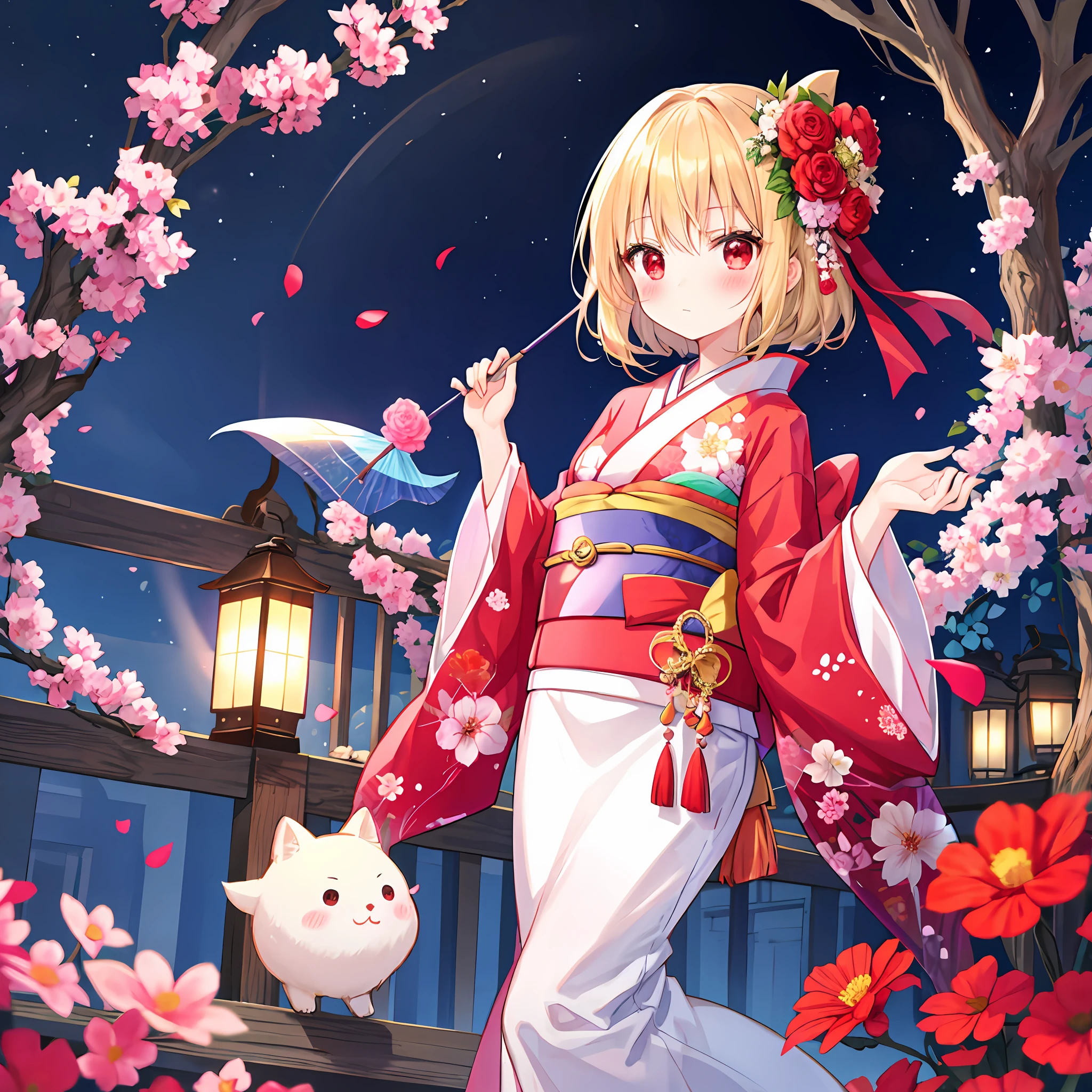 red blush、blonde hair、red eyes、Beautiful girl alone、animesque、独奏、Kimono、florals、lonely