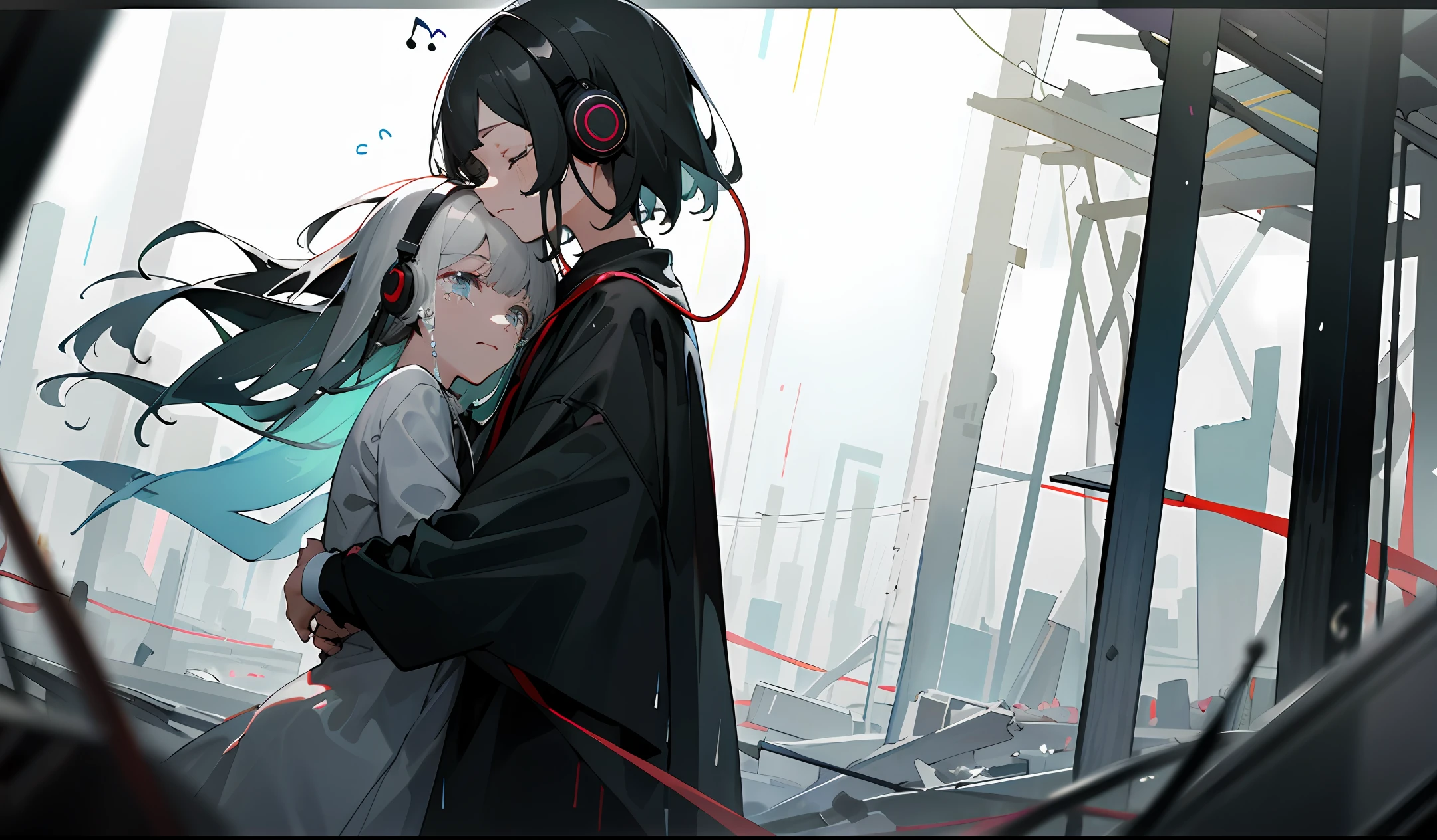 (lamentation),((​masterpiece)),Top image quality,Sateen,Rain,head phone,Black clothe,(Listening to music and crying),Transparent illustration