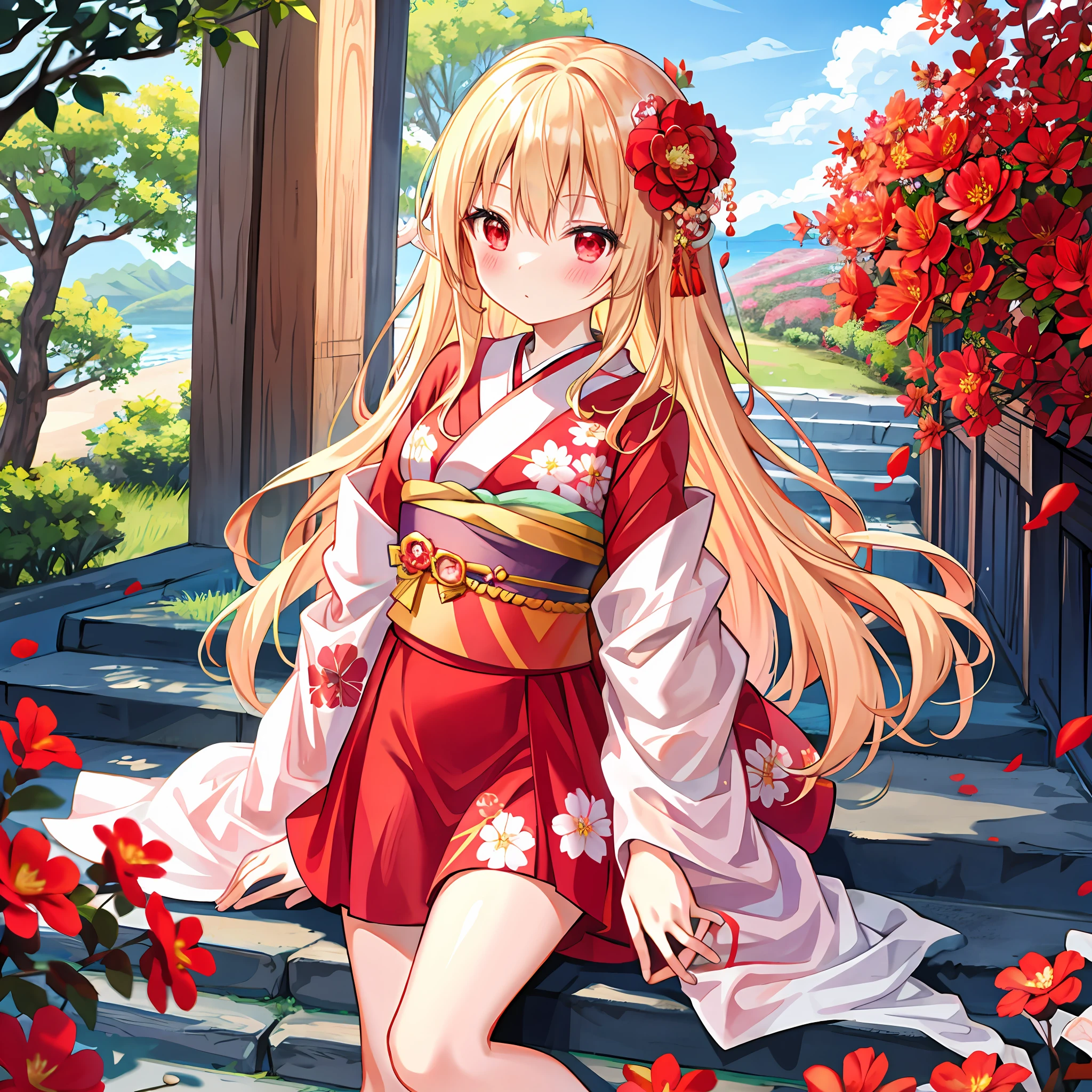 red blush、Wavy blonde hair、red eyes、Beautiful girl alone、animesque、独奏、Kimono、flower field