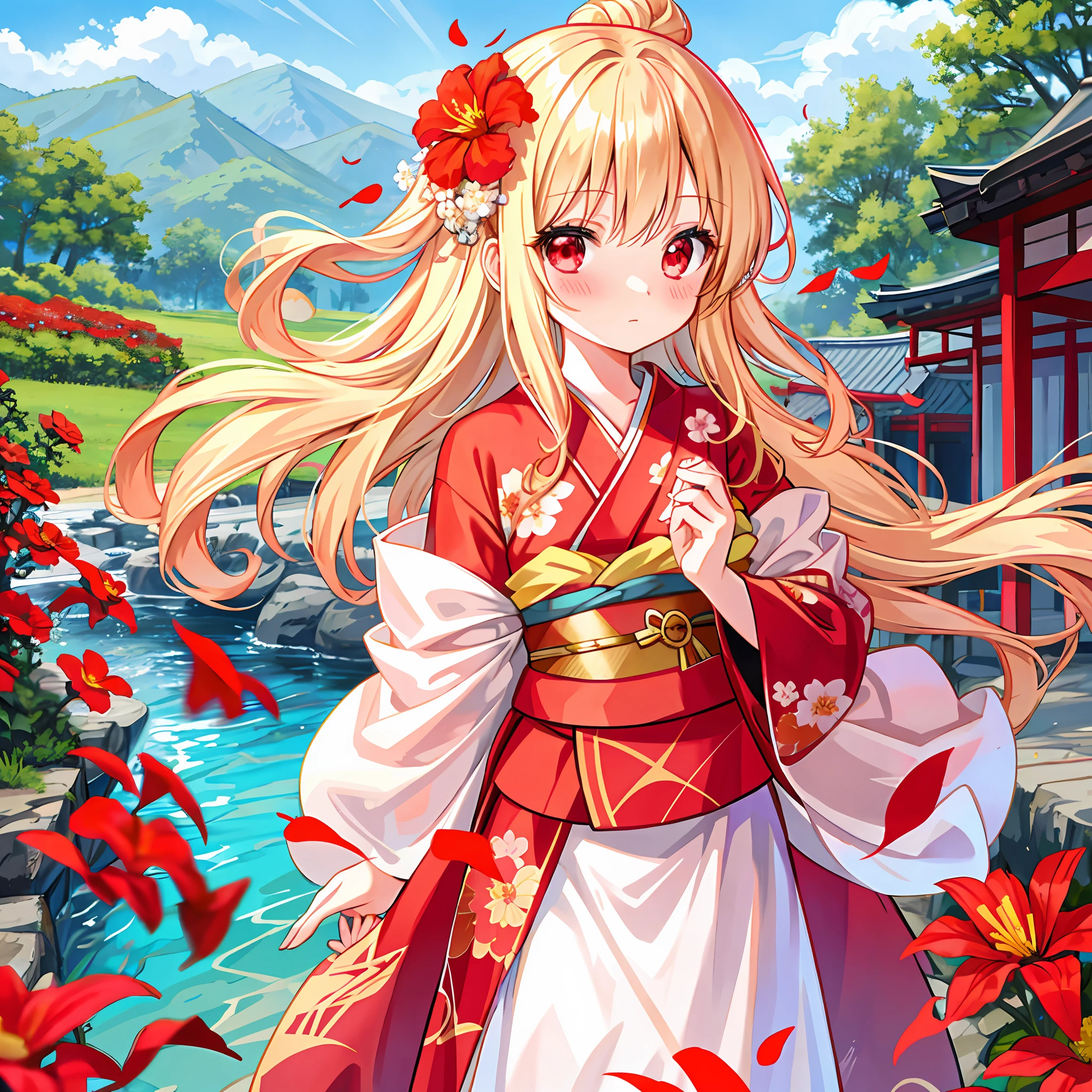 red blush、Wavy blonde hair、red eyes、Beautiful girl alone、animesque、独奏、Kimono、flower field