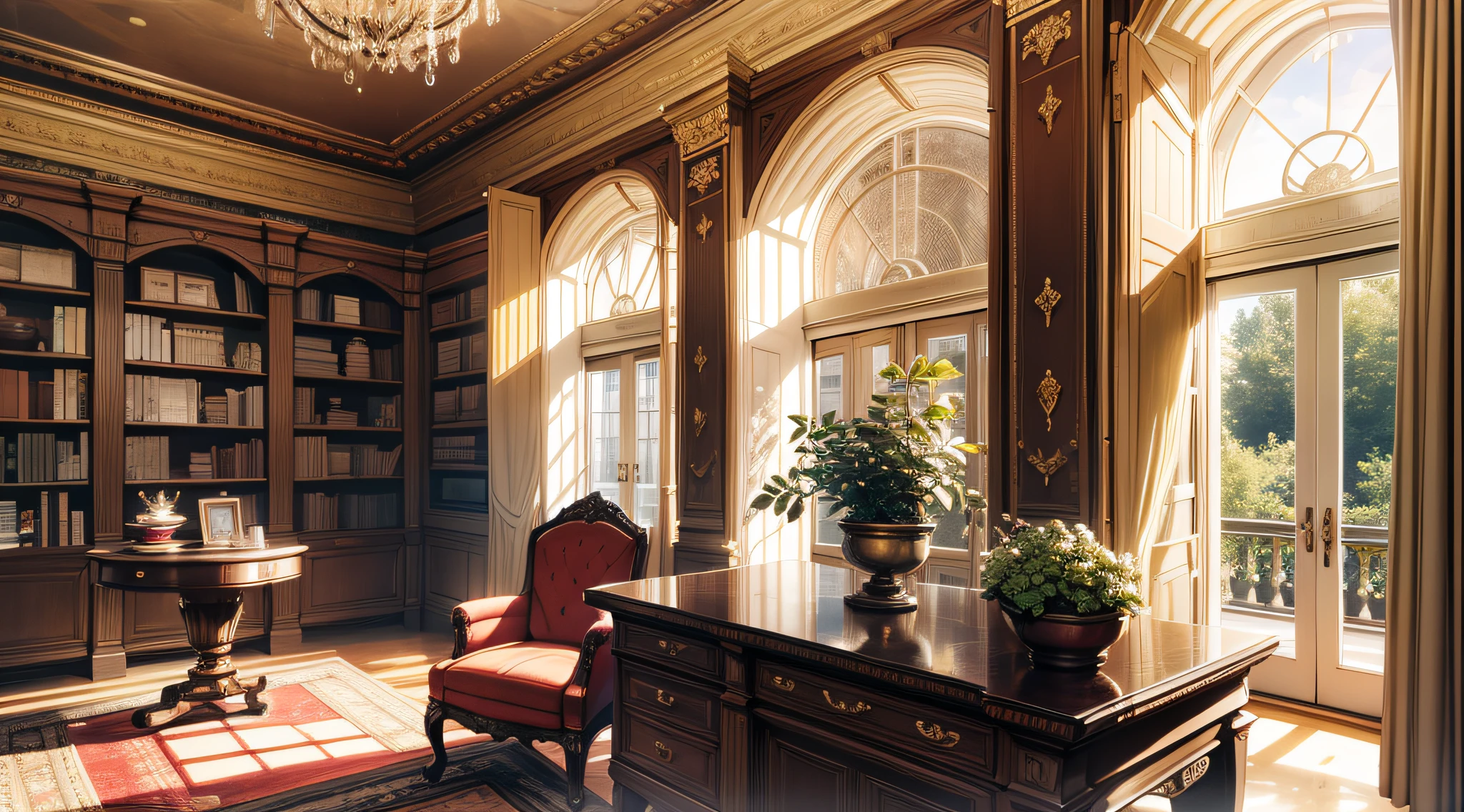 study、bookcase、Large window、drapes、very extremely beautiful、Background with、opulent、up、inside in room
