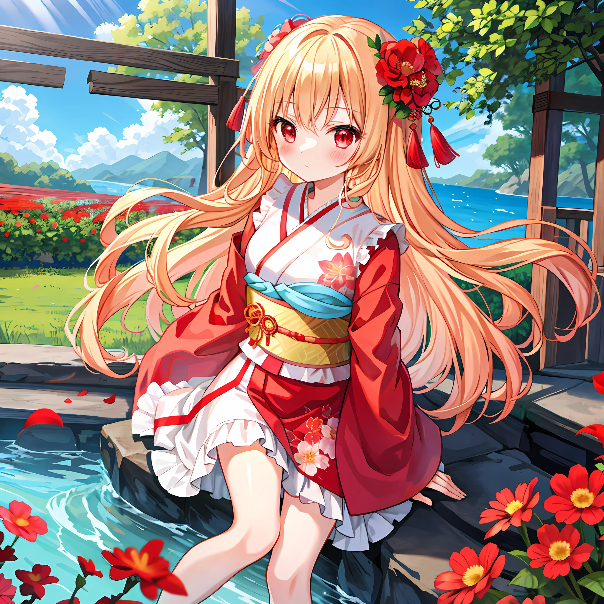 red blush、Wavy blonde hair、red eyes、Beautiful girl alone、animesque、独奏、Kimono、flower field