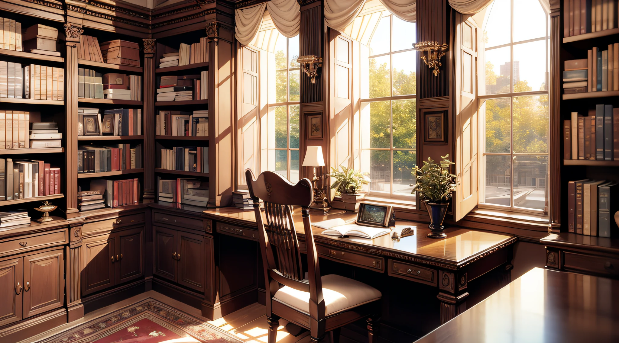 study、bookcase、Large window、drapes、very extremely beautiful、Background with、opulent、up、inside in room