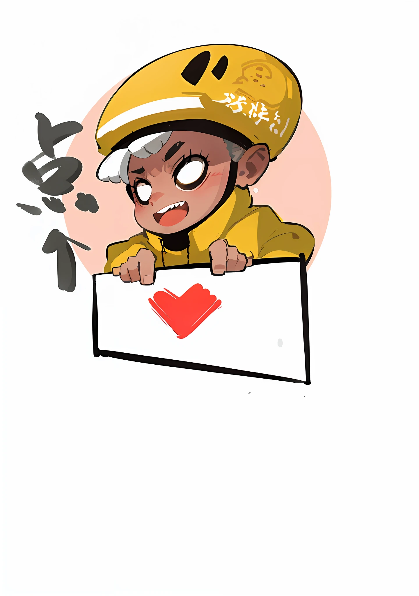 A boy in a yellow jacket holds a caricature with a slogan, High-quality fanart, zerochan, zerochan art, no type, delivering mail, cute character, very very happy!, Highest rated on Pisif, Pisif, 🚿🗝📝, official fanart, cheerfulness!!!, cushart kenz, mapo tofu cartoon, subject action : holding sign