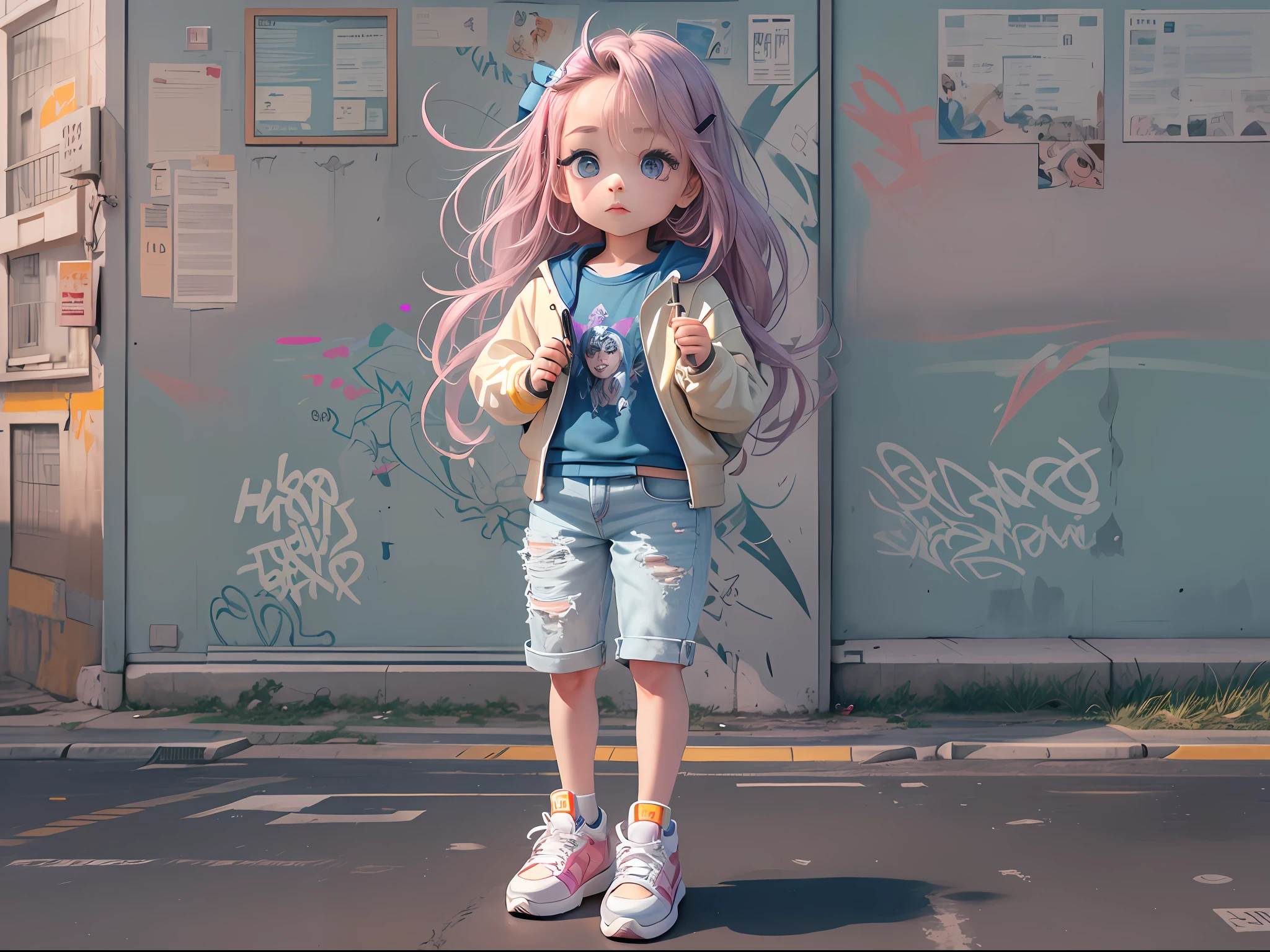 tmasterpiece,hyper HD,high rise,32K,best qualtiy,high detal,textureskin,Beautiful girl of youth,Extremely detailed and delicate facial features,Detailed eye details,Rainbow long hair,Sweatshirt,denim short,White board shoes,Squat forward,Outdoor streets,Big graffiti on the wall,Colorful graffiti,in the afternoon,Sunlight,Volumetriclighting,big vista,(Perfect anatomical and physiological proportions:1.2),Normal head-to-body ratio,(Top-down view:1.2)