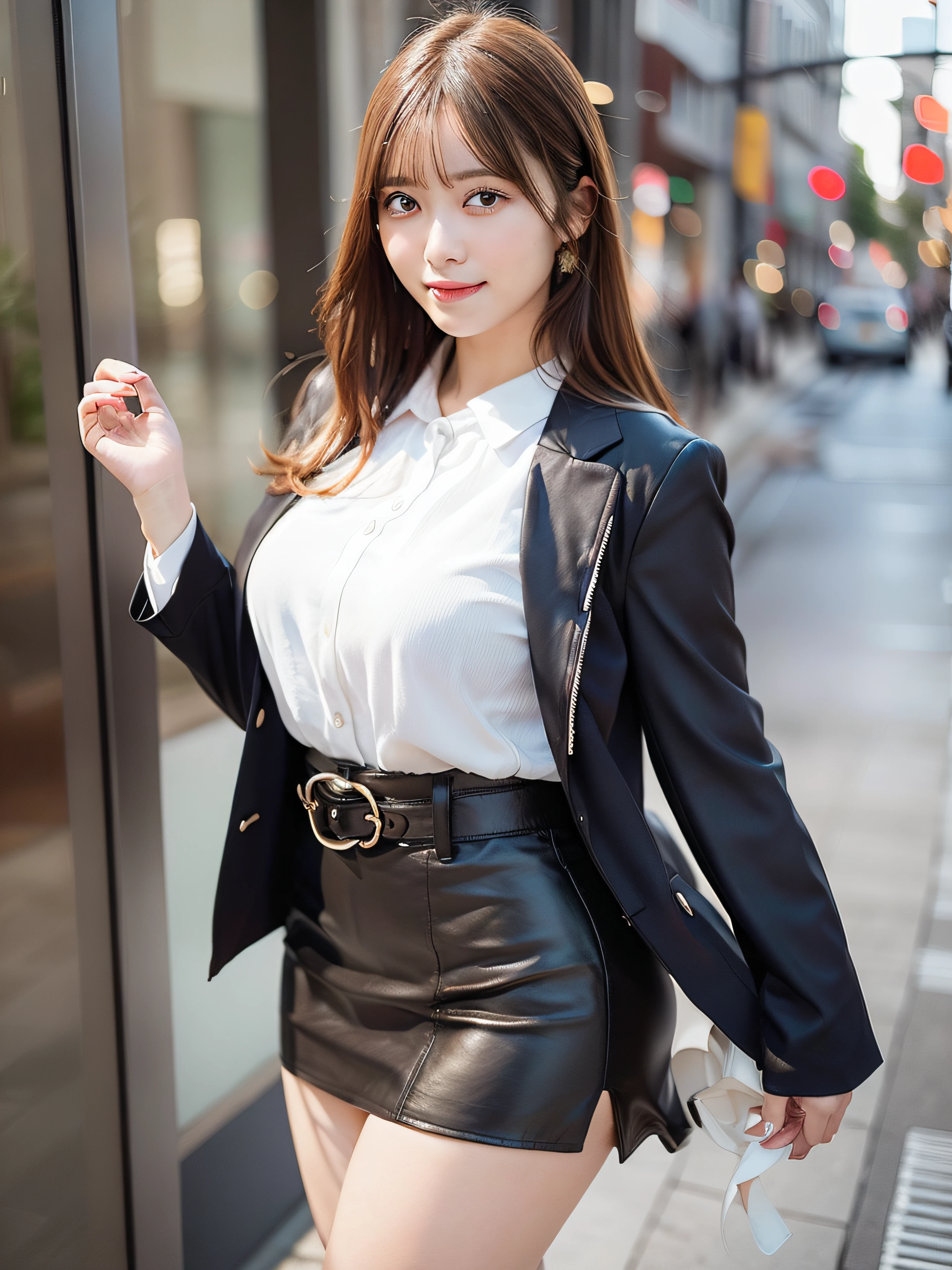 Woman in office casual、In the street、Jacket Suit、White blouse、a belt、tight skirts、fullllbody、top-quality、ultra-detailliert、超A high resolution、(Photorealsitic:1.8)、Saika 1、Erotic face、looking at the viewers、a smile、natural soft light、huge tit