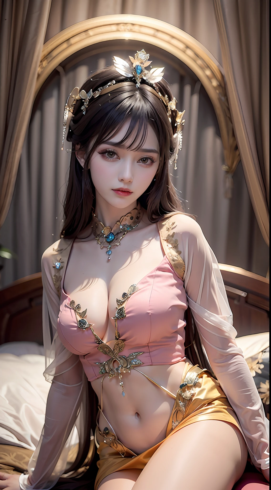 1 girl 20 years old, 1 goddess Athena, pink and purple silk dress with cleavage, beautiful goddess Athena face without blemish, thin cleavage silk nightgown with many colors, long thin women's nightgown with many sexy black lace details, goddess legend, goddess symbol, beautiful goddess style glitter, dark and mysterious version, small crown, well-proportioned, beautiful lips, delicate red lips, 1.9 detailed and beautiful lips ), holy body, super tight and round breasts, phoenix brooch, long bangs, (7 colors of hair rainbow: 1.9), clear beautiful face and well-proportioned eyes, (transparent yellow eyes: 1.8), (big round eyes and meticulous makeup, very beautiful and discreet makeup, very pretty blonde hair, light makeup, long blonde hair, makeup 1.8): the sky's droopy and vivid, the picture is real and fictional space: 1.8), fictional art, RAW photos, hanfu photos, best photos, high resolution, best quality, best photos, surreal portraits, surreal female photos, 8k quality, most beautiful saint portraits, single female jewelry, beautiful color masterpiece, upper body, tyndall effect, real photos, dark studio, border lights, (dalk 8 color pink detail: high resolution, soft light, high quality, h, Smooth and sharp, 10x pixelation, sexy goddess , sexy goddess: 1.8), (beautiful eyeshadow background: 1.8), (gap eyes, background light: 1.8), (gap eyes, soft background: 1.8), (best gaping eyes, perfect eyes, pretty girl solo: 1.8), (flowers: 1.8)