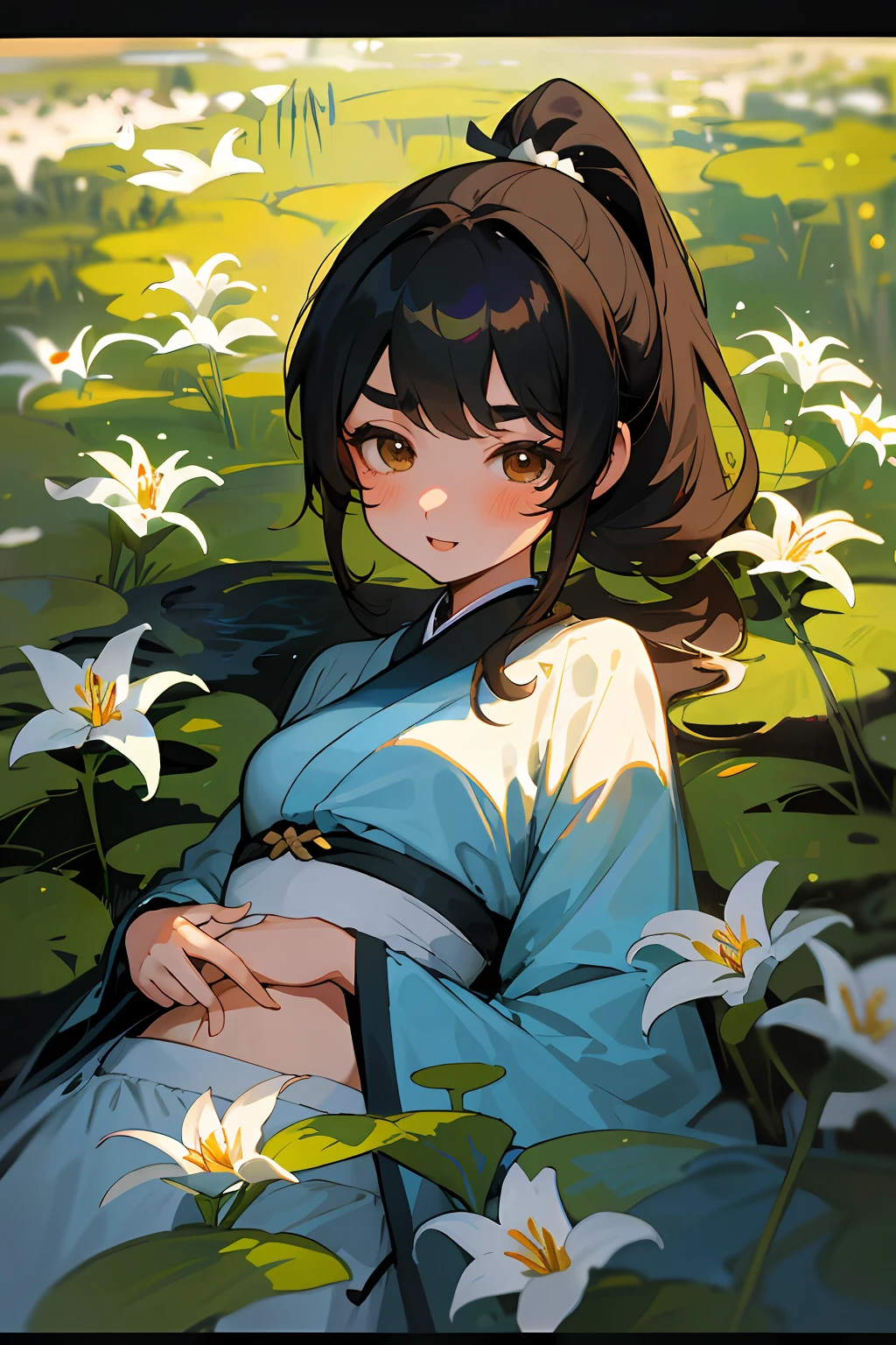 Original Characters、Volume Lighting、Best Shadows、Shallow depth of field、Portrait of an amazingly beautiful girl、One girl、Delicate beautiful attractive face with delicate and neat brown eyes、Gentle eyebrows、A slight smil、Open your mouth slightly、Beautiful lower breasts、Ponytail Black Hair、Blush Eyeshadow、Open belly button、Slim waist、Garden with lily flowers、Japanese garden、outside of house、(top-quality、Superb Detail:1.25)、(独奏:1.3)、Brilliant Colorful Paintings、Sleep on your back、the kiss