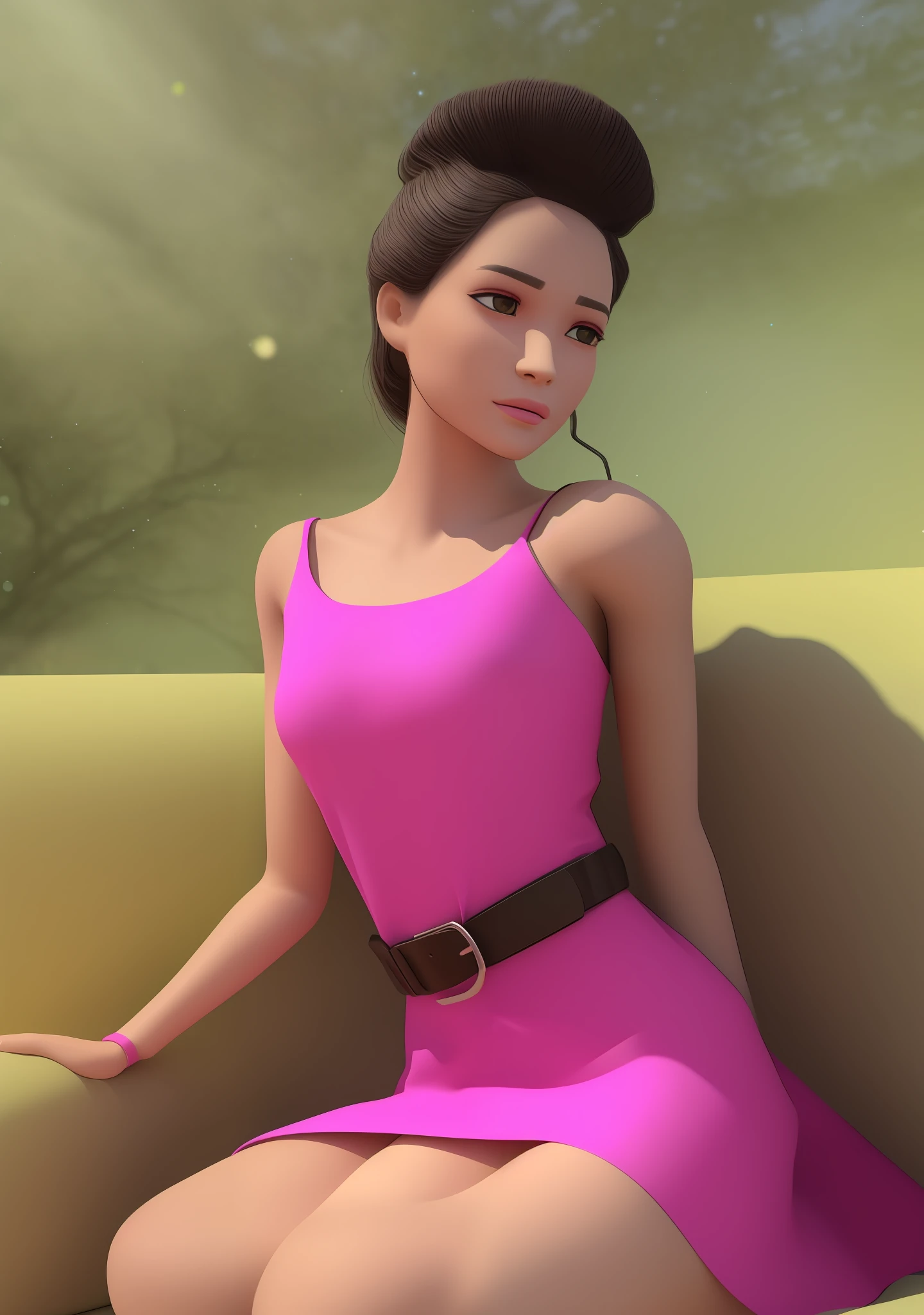 (obra-prima, melhor qualidade), alto, (8k, Foto RAW, mais alta qualidade), ultrarrealista | | | |, ........3d, Centralizado, (TS_Barbie), tiro no meio, (corpo inteiro: 1.2), majo, A cartoon woman sitting on a pink couch in a pink dress and pink belt, saltos rosa, Loire, olhos verdes, (Perfect lighting and composition: 1), soft-lighting, (alto detalhe, 8K分辨率: 1), HDR: 0.7, rosto detalhado, perfeito, (Dynamic), poser, (alta qualidade: 1.2), plastic skin, ((brilhante: 1.3)), figura de ampulheta, sorrir, (profundidade de campo: 0.8), 50 millimeters, grain of film: 0.7, fujifilmXT3, rosto de foco, olhando para o espectador, (Olhos verdes detalhados), particle floating, Estilo, majo, maquiagem leve, batom, (cinto grosso, thick arms, coxas grossas: 0.6), summer vacation, tropical, incredible composition, animado, ((volumeric lighting)), Halation: 0.5