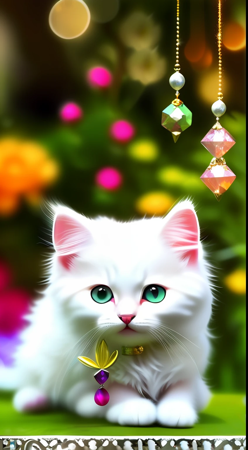 A white-haired kitten， shaggy，sparkle eyes，Jewelry and flowers in the background，ssmile，Funny，left，Round box，Catstravaganza