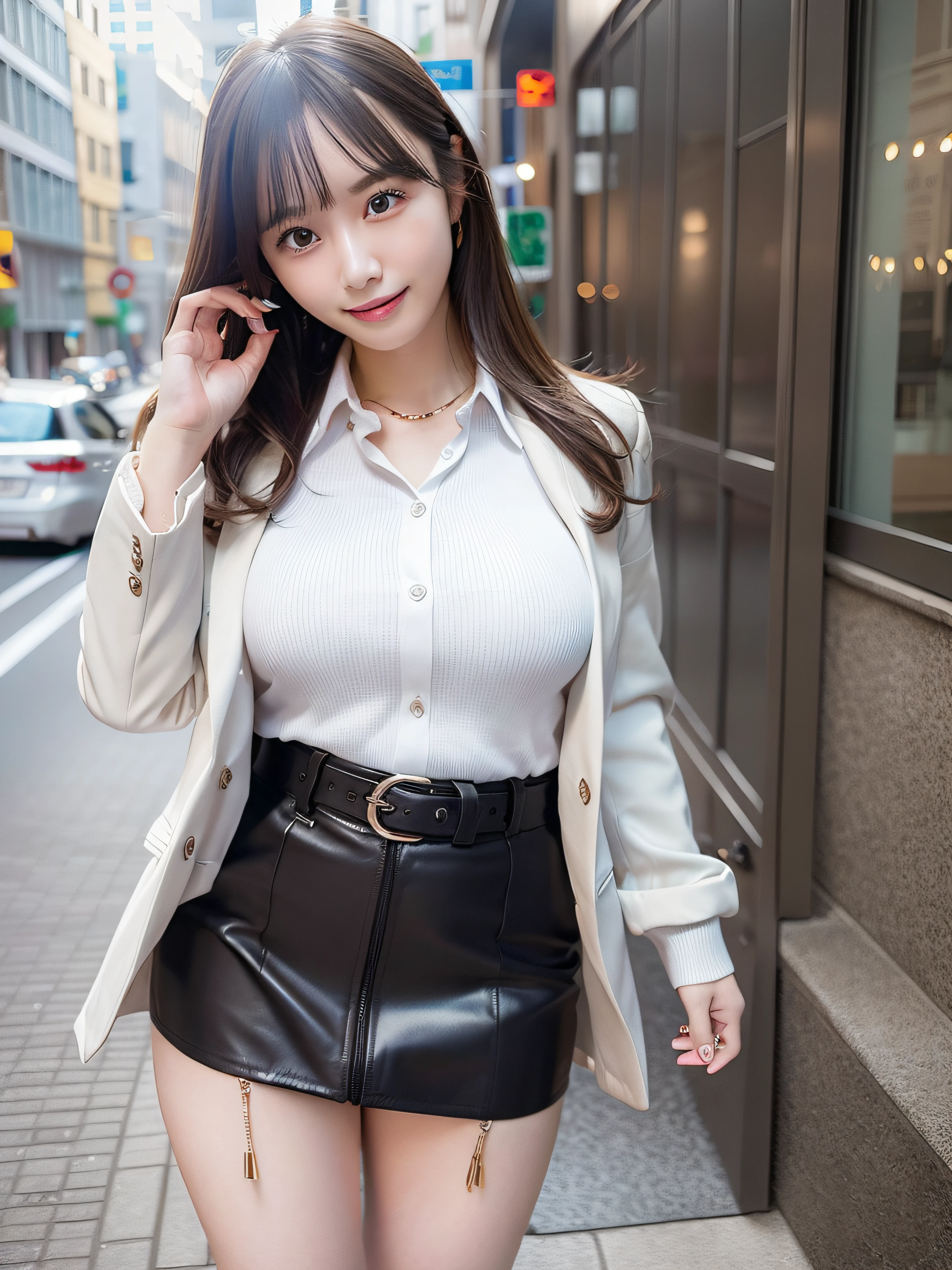 Woman in office casual、In the street、Jacket Suit、White blouse with collar、a belt、tight skirts、fullllbody、top-quality、ultra-detailliert、超A high resolution、(Photorealsitic:1.8)、Saika 1、Erotic face、looking at the viewers、a smile、natural soft light、huge tit