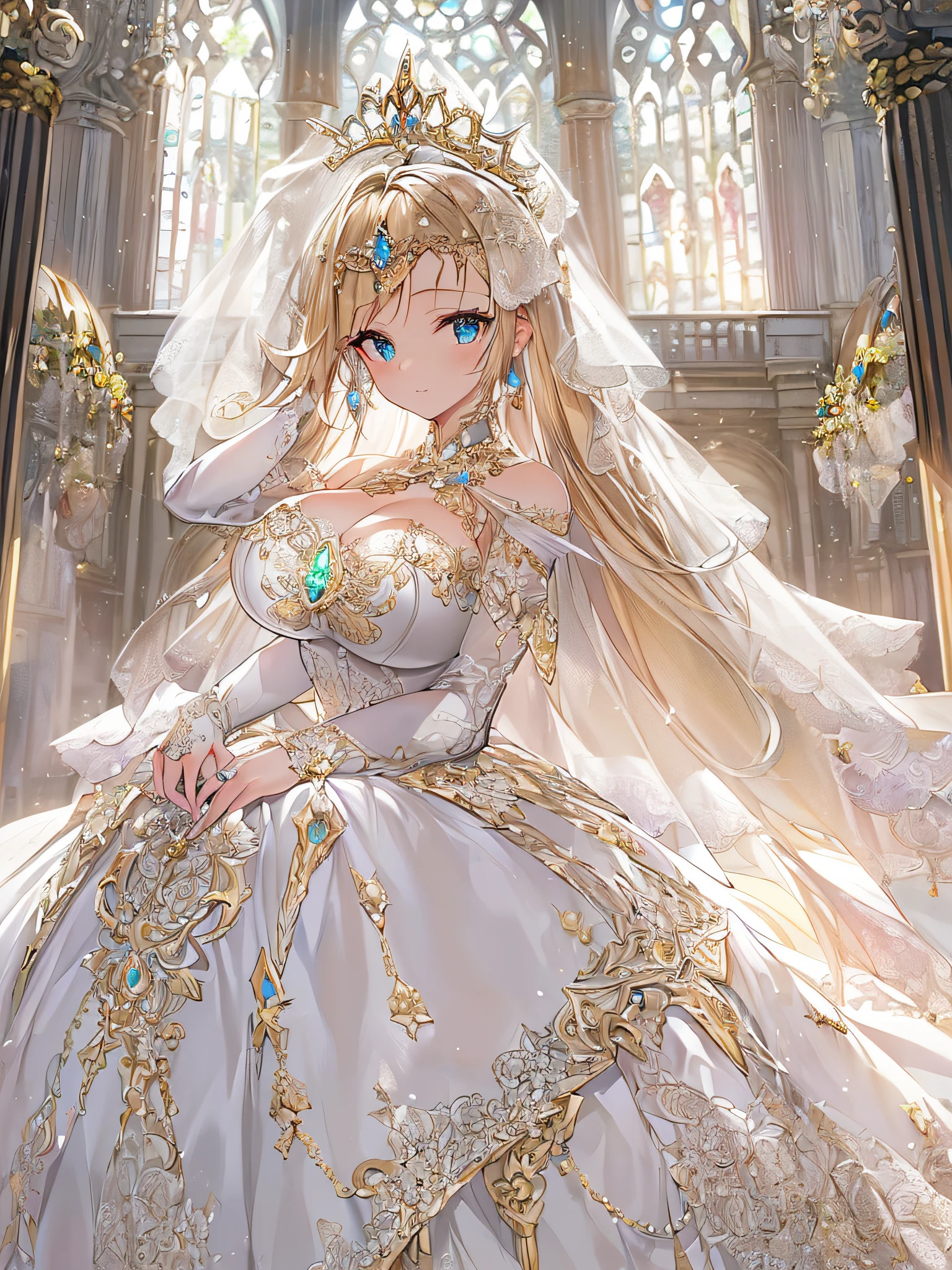 ((anime artstyle)),(Masterpiece),(Best Quality), (Super Detail),((Very Delicate and Beautiful)),Focus on character,Dynamic Angle,Looking at viewer,((Solo)),standing,((full body)),((one princess in gorgeousfull BlingBling wedding dress with voluminous skirt)),((BlingBling)),detailed face and eyes,jewel-like eyes,((Very Long voluminous Hair)),gorgeous embroidery and lace,((gorgeous corsage)),See-through,(Gorgeous BlingBling jewelry ornaments),luxury hair ornament,BlingBling luxury tiara with jewels,ornate ruffles,((gigantic breasts,Long breasts)),indoor,church wedding,((full body)),hoop skirt,crinoline,very long gorgeousfull wedding veil,(((jeweled gorgeous embroidery BlingBling wedding dress)))