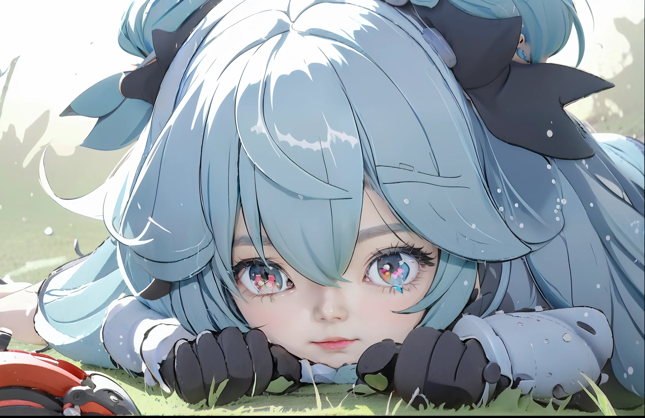 Anime girl lying on the ground,There is a bug in front of you, an anime portrait of cirno, Splash art anime , sad cerulean eyes, From Arknights, anime moe art style, Guviz, Ayaka Genshin impact, cirno, Rem Rezero, Best anime 4k konachan wallpaper, Detailed digital anime art
