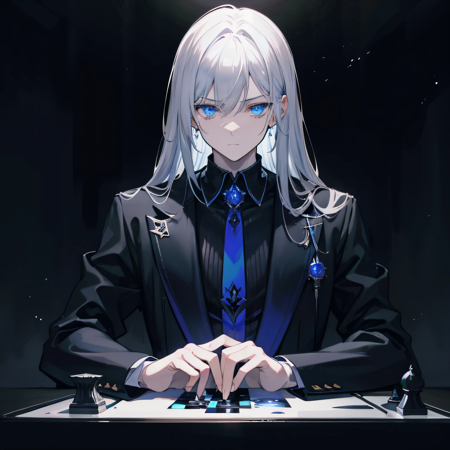 {[{{"Magnificent dark atmosphere, 4k artwork of man with gray hair and glowing blue eyes sitting on chessboard, Think about your next move."}]}}