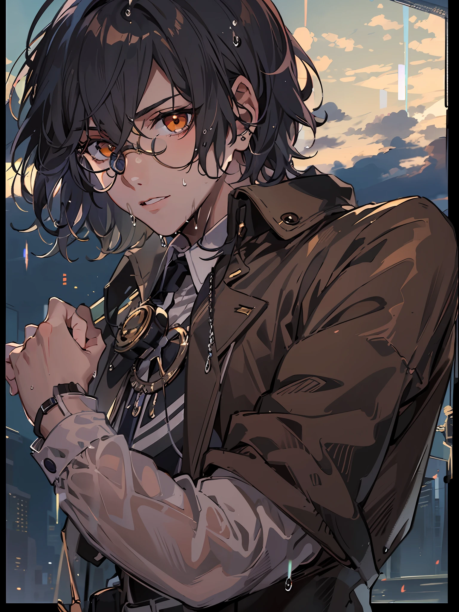 8K, winning, A highly detailed, 22-year-old man, Charming and attractive man with dark, black hair. Dressed in a plaid shirt in brown tones, and similar color, Pants. He has a monocle on his face. The eye on which the monocle is dressed is red, and the other eye is blue. A man standing completely wet in the rain of the night sky