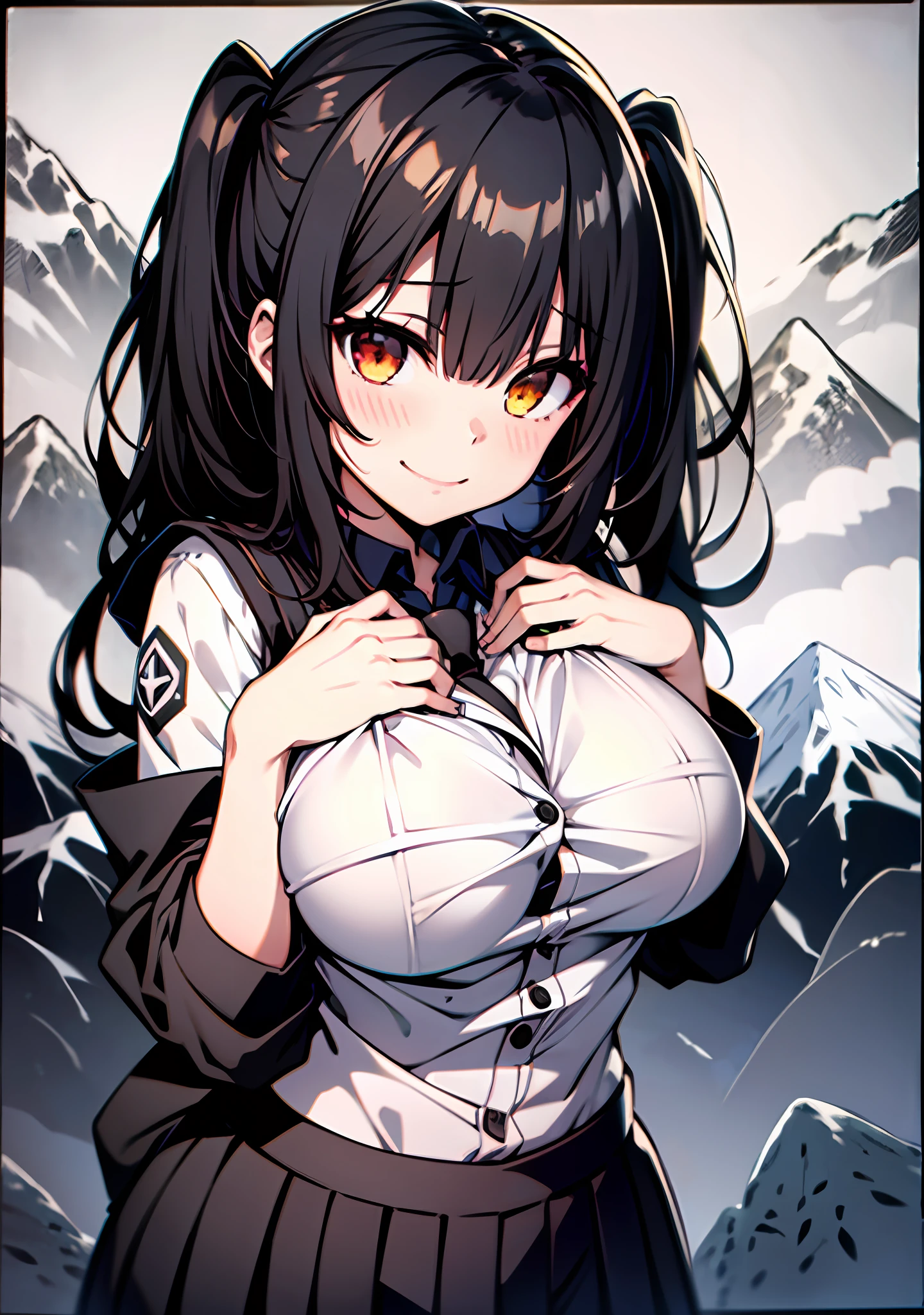 Masterpiece, high quality, ultra quality, best lighting, 1girl, ((tokisaki kurumi)), tokisaki kurumi, long hair, black hair, low twintails, monochrome, ((right red eye:1, left yellow eye:1)), black school uniform, ((black school uniform)), ((big breast)), ((big thigh)), smile, blush, cute face, ((gesugao face)), standing, sexy body, sexy, tattooed full body, looking at viewer, large the breast, nsfw, (((mountain)))