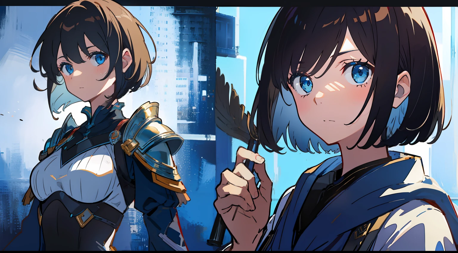 Setting image、One girl、A dark-haired、bob cuts、blue eyess、Straight face、battle garments、masterpiece、top-quality、Top image quality