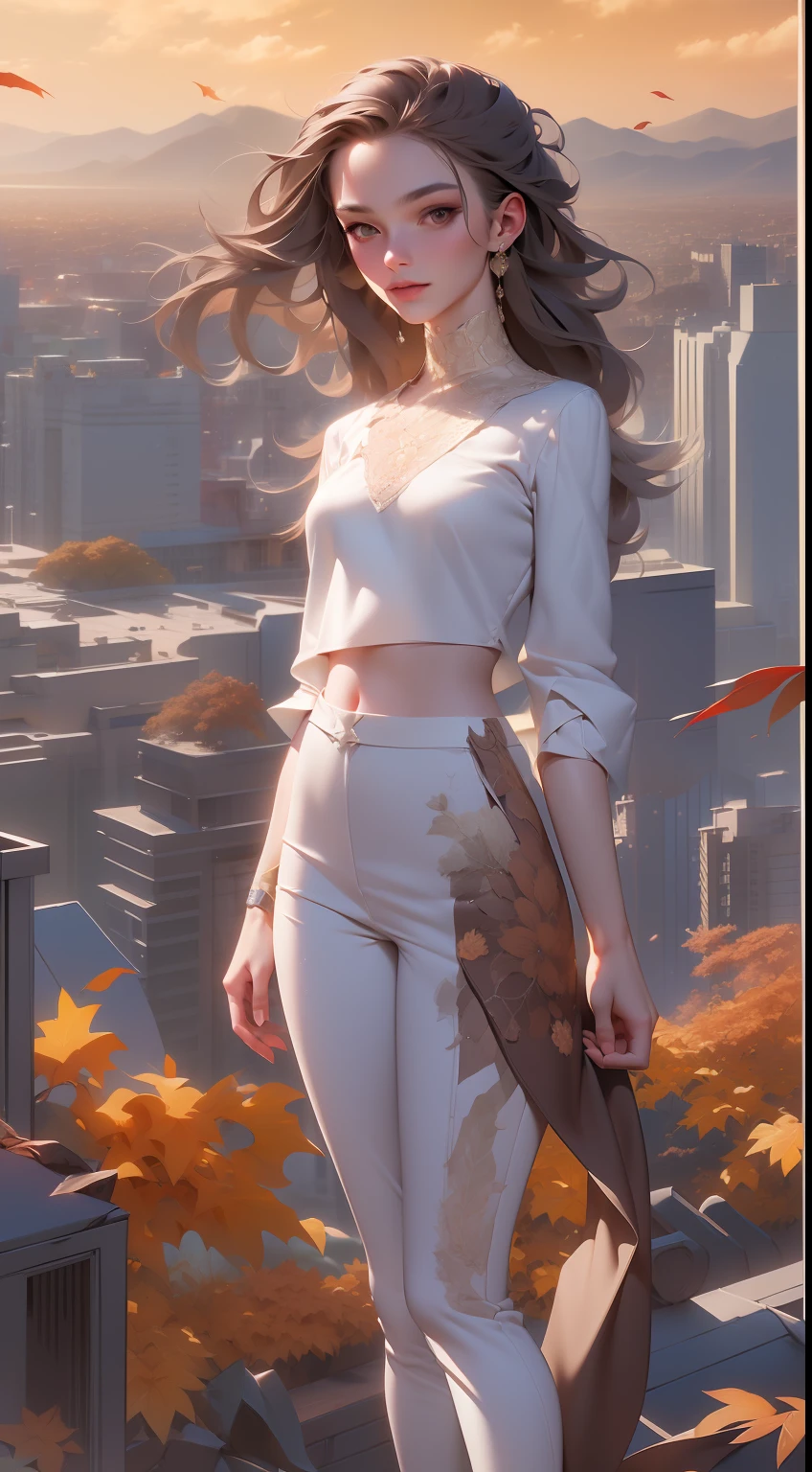 ((Daylight,autumn, Best quality, 8k, Masterpiece :1.3)), Whole body, Long legs, Sharp focus :1.2, A pretty woman with perfect figure wearing smart haute couture dress :1.4, Slender abs :1.1, ((Dark brown hair, small breasts :1.2)), (White tight tshirt, Jean bib, Standing:1.2), ((Night city view, Rooftop:1.3)), Highly detailed face and skin texture, Detailed eyes, Double eyelid,( watercolor \(medium\), IrisCompiet:1.2),abstract background, fantasy, many colors, wind blowing,masterpiece, best quality, (extremely detailed CG unity 8k wallpaper), (best quality), (best illustration), (best shadow), absurdres, realistic lighting, (Abyss), beautiful detailed glow,clear face, clean white background, masterpiece, super detail, epic composition, ultra HD, high quality, extremely detailed, official art, uniform 8k wallpaper, super detail, 32k -- v 6