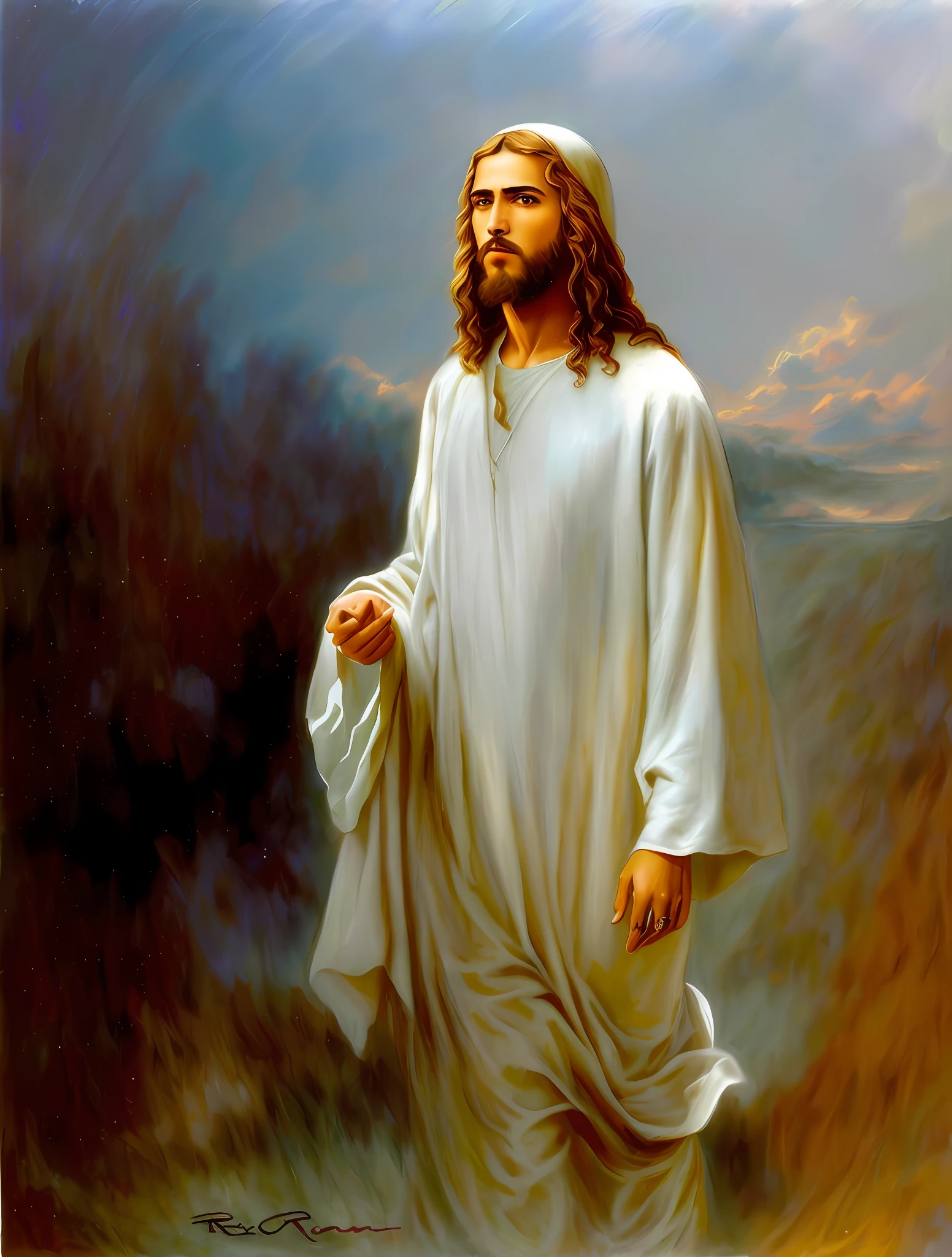 Pintura de Jesus andando no deserto com um manto branco, Jesus Cristo, Retrato de Jesus Cristo, O Senhor e Salvador, jesus of nazareth, Jovem Deus Todo-Poderoso, Jesus,Vestido como Jesus Cristo, Jesus walking on water, catholic religious art, Christian art, Retrato de um Deus Celestial, Deus olhando para mim