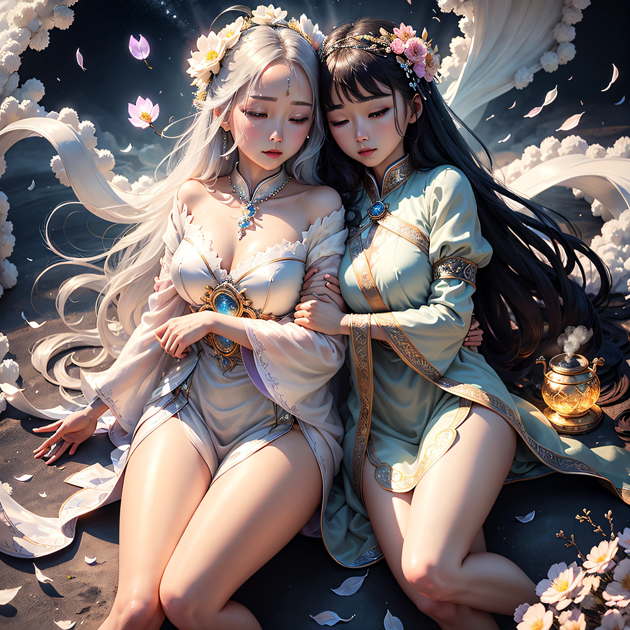 ，Super transparent，holy rays，Beautiful spectral light，The petals glow with sharp focus，magical，iintricate，Hyper-real、fanciful、optic，Colorful auspicious clouds、pearls、Patron Cloud of Silver Steam、make up【No characters appear】