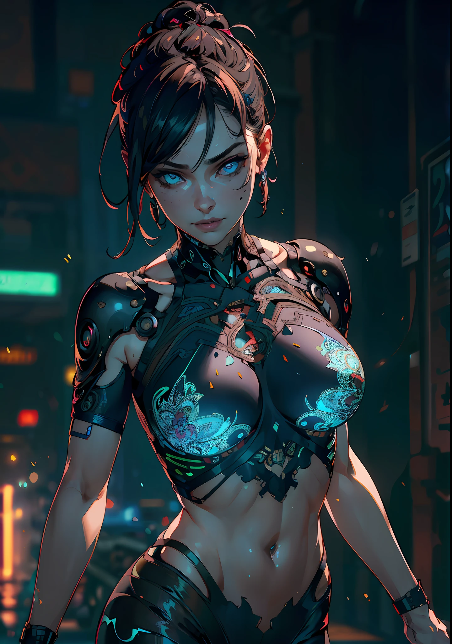 visual impact, Ultra-realistic 8k CG, masterpiece, ((ultra-detailed background, delicate pattern, intricate details)),cyberpunk, neon shirt, commando pants, backlighting, midriff, intricate, Dynamic lighting,(movie lighting),(best quality),(high resolution), ((detailed eyes, well defined eyes, gorgeous face, cute face))