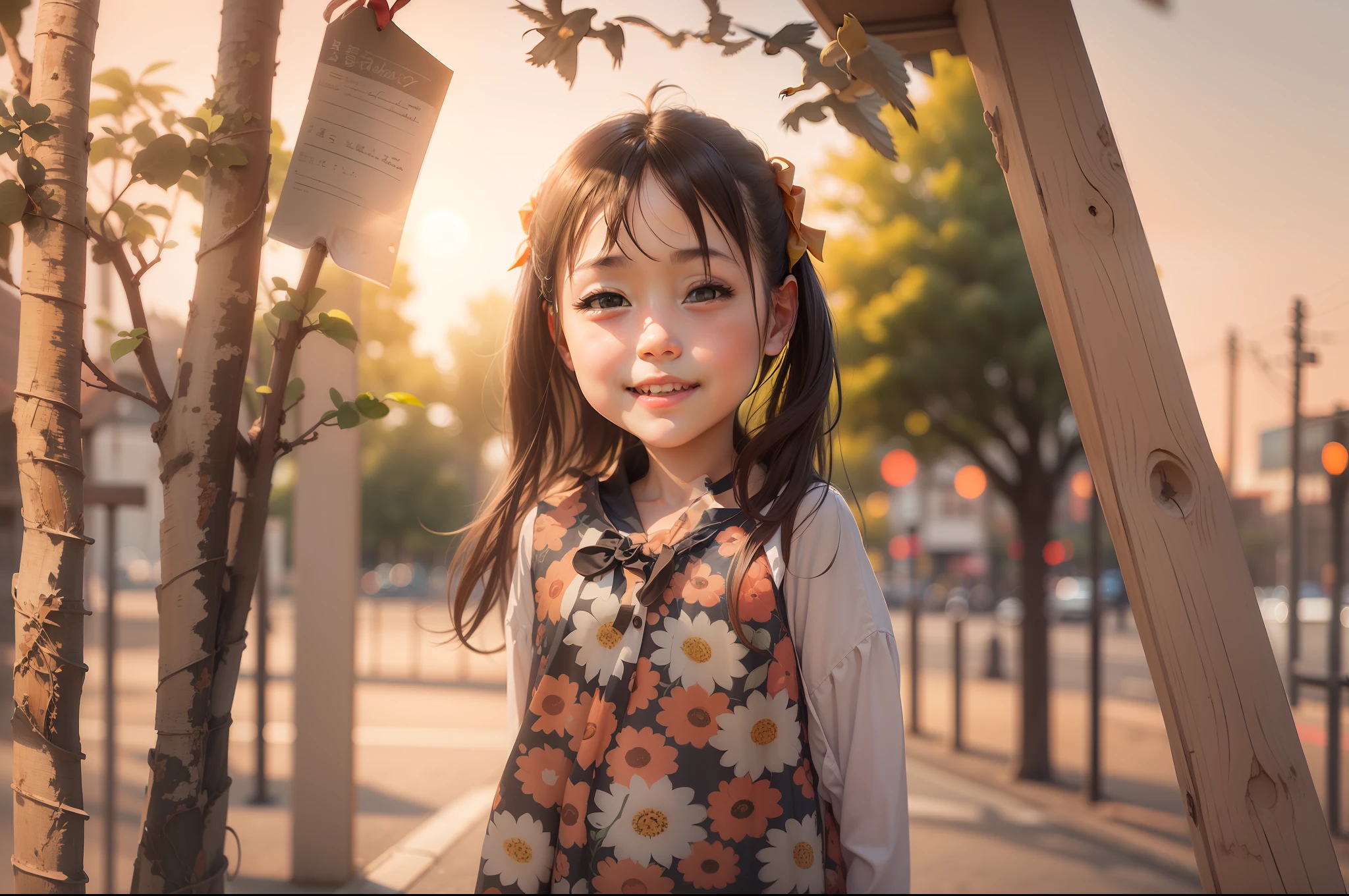 girl with　a park　portlate　realisticlying　Evening glow　Horizon　Skysky　Birds fly　a smile　childish　bow ribbon　Twin-tailed　Crisp eyes　Contre-Jour
