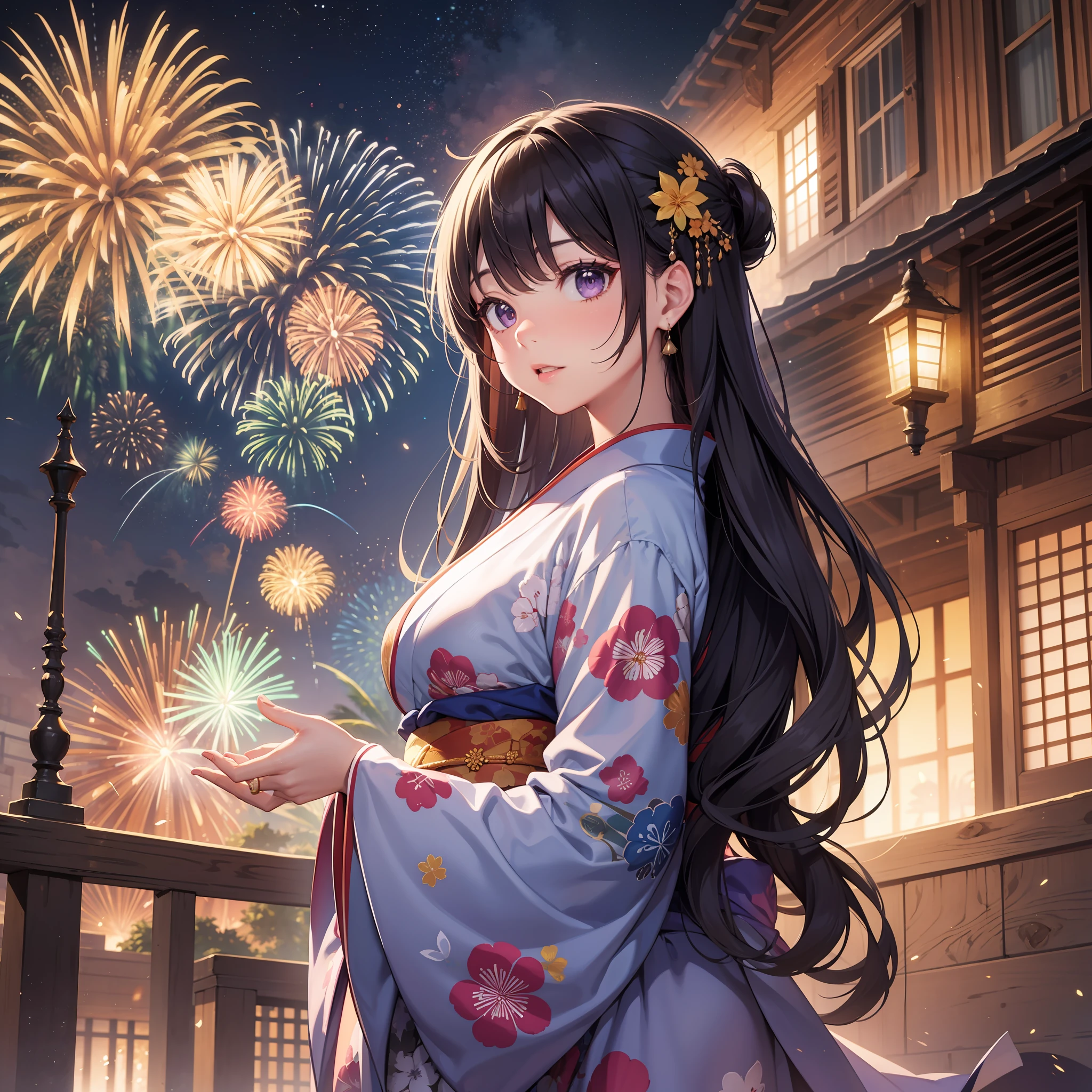 Top image quality、Original Characters、Volume Lighting、Purple Long Hair Summer Kimono Dress、Lots of fireworks、Particle World