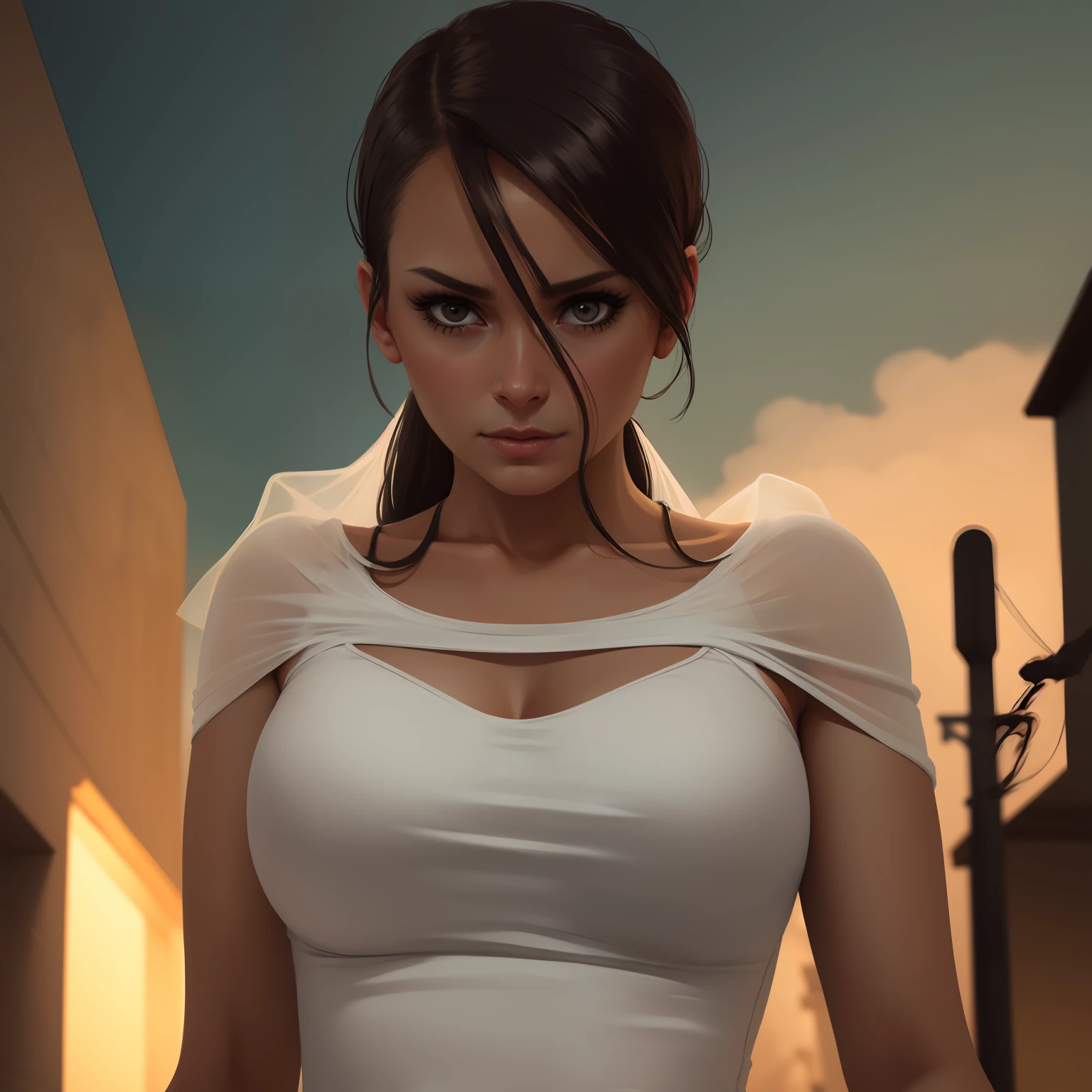 Scary bride ghost, skull visible, tattered bridal gown, veil covering face, close-up, subtle illumination, horror, dark and haunting, hyperrealism, ultra-detailed, destroyed buildings, dark sky, active fires in background, volumetric fog, subsurface scattering, ambient occlusion, post apocalyptic, ruins of war, fire, smoke, (bokeh:1. 4) 4k, 8k, highres photo