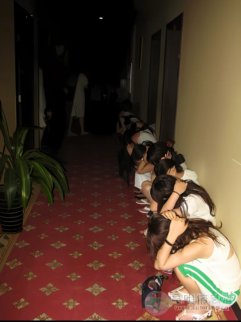 Several people sat on the floor of the hallway with their heads bowed, There is a long list of suspects, desperate pose, queuing, in a hotel hallway, Place your hands on your head,3am, wide - shot, wide wide shot, they are crouching, dead bodies in the background, They may be crawling, Head down, leaked photo