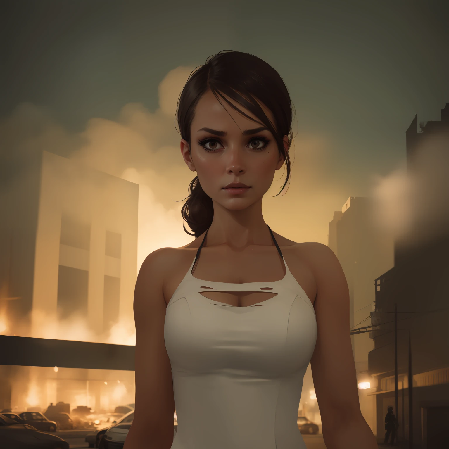 Scary bride ghost, skull visible, tattered bridal gown, veil covering face, close-up, subtle illumination, horror, dark and haunting, hyperrealism, ultra-detailed, destroyed buildings, dark sky, active fires in background, volumetric fog, subsurface scattering, ambient occlusion, post apocalyptic, ruins of war, fire, smoke, (bokeh:1. 4) 4k, 8k, highres photo