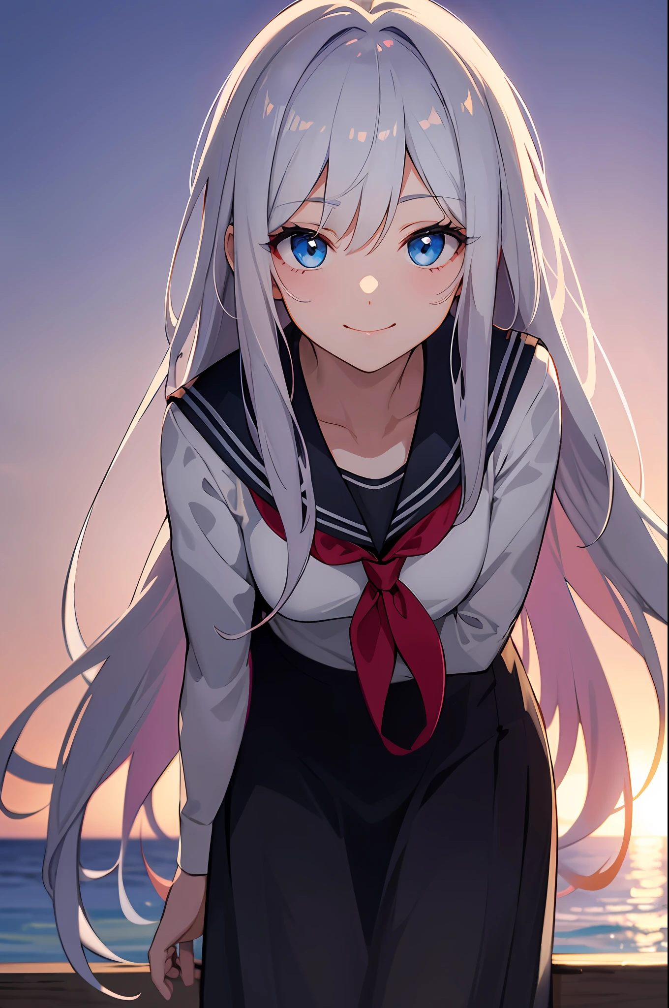 (Masterpiece, Best quality, A high resolution:1.4), 1girll, ((Unity 8k wallpaper, illustration, , beautiful and delicate detailed girl)), Small breasts, , Smile,Girl, Long hair, White hair, Blue eyes,Close-up,against backlight at dusk,, strong rimlight, intense shading, beautiful purple sunset at beach,black serafuku,Leaning forward,