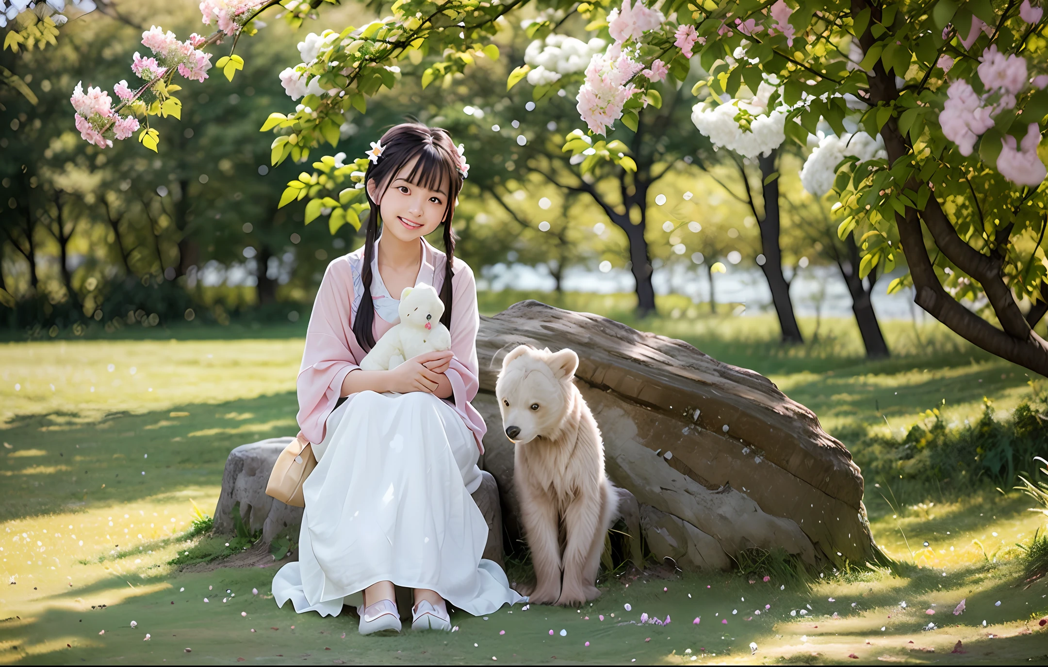 A girl with a sweet smile sitting under a cherry blossom tree，Holding a white bear doll