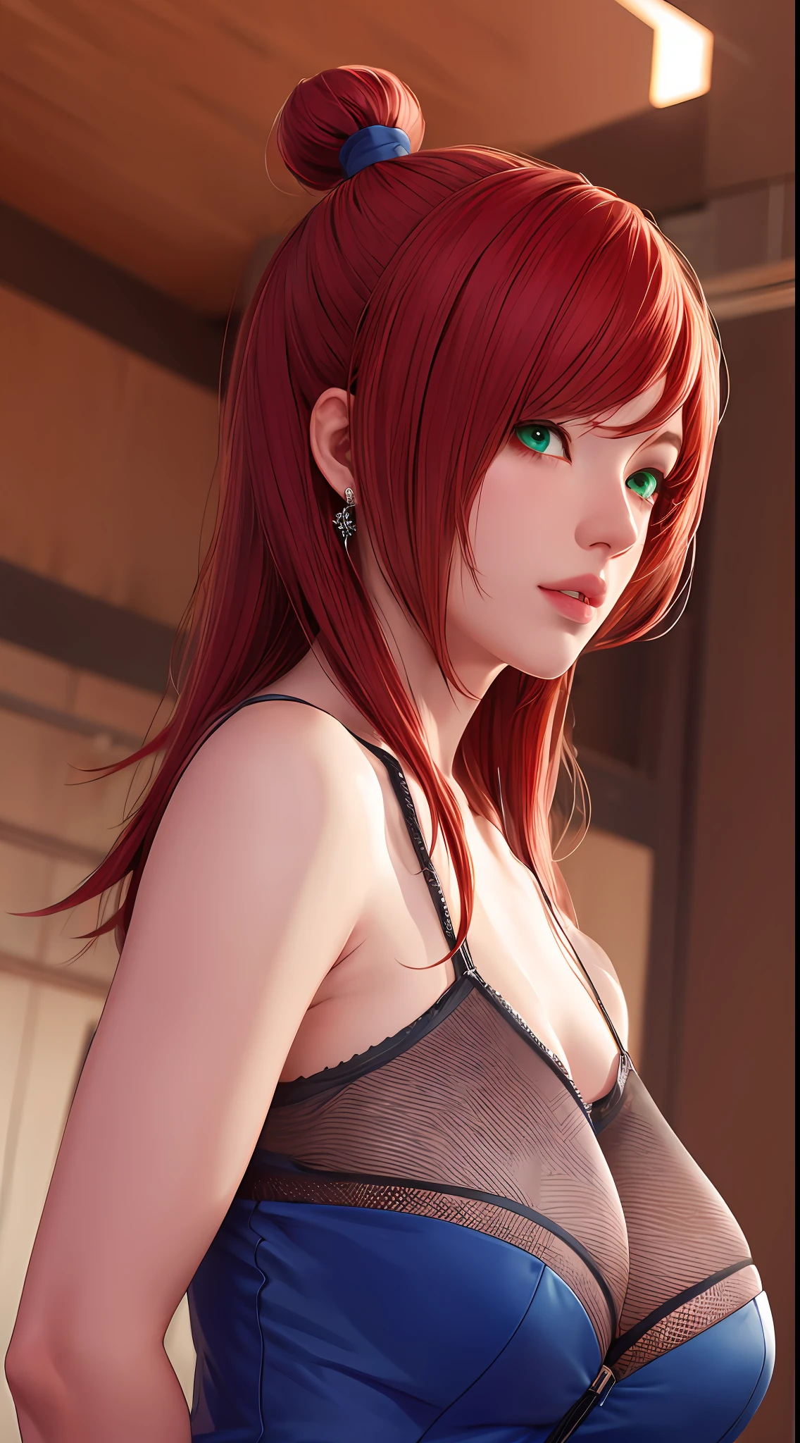 nar_terumi_mei，（（（green eyes,hair over one eye,long hair,large breasts,blue dress,cleavage，red tinted hair））），A high resolution， Sharp focus， Pixiv masterpiece， highly  detailed， The upper part of the body， 1girll， mature， （（（huge boob））），（（（Delicate facial features））），（（（Place your hands behind your back）））