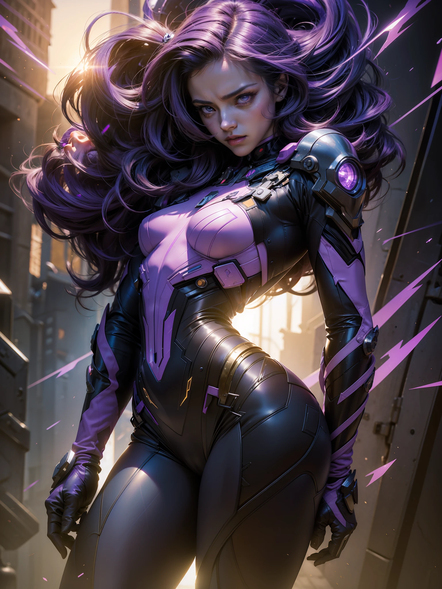 ((Best quality)), ((masterpiece)), (detailed: 1.4), (Absurd), paper, perfect face, Fighter pilot hot Latina woman ready for war, dark skin, lightning and lightning, muscular sculptural body defined, Wolverine mask, (((full body))), half-thick naked thighs, closed mouth, muscular body covered in purple technological clothing, Neon Genesis Evangelion style, cyberpunk, generous neckline, ((perfect small breasts)), (lilac eyes), ((totally purple clothing with golden rays)), (((short dark purple straight hair)))), long black eyelashes heavy makeup, garter belt, niji --V5, close to real, psychopath, crazy face, sexy pose, red and white background, 2 pieces clothing, centered, scale to fit dimensions, HDR (High Dynamic Range),Ray Tracing,NVIDIA RTX,Super-Resolution,Unreal 5,Subsurface dispersion, PBR Texture, Post-processing, Anisotropic filtering, Depth of field, Maximum clarity and sharpness, Multilayer textures, Albedo and specular maps, Surface shading, Accurate simulation of light-material interaction, Perfect proportions, Octane Render, Two-tone lighting, Wide aperture, Low ISO, White balance, Rule of thirds, 8K RAW, crysisnanosuit