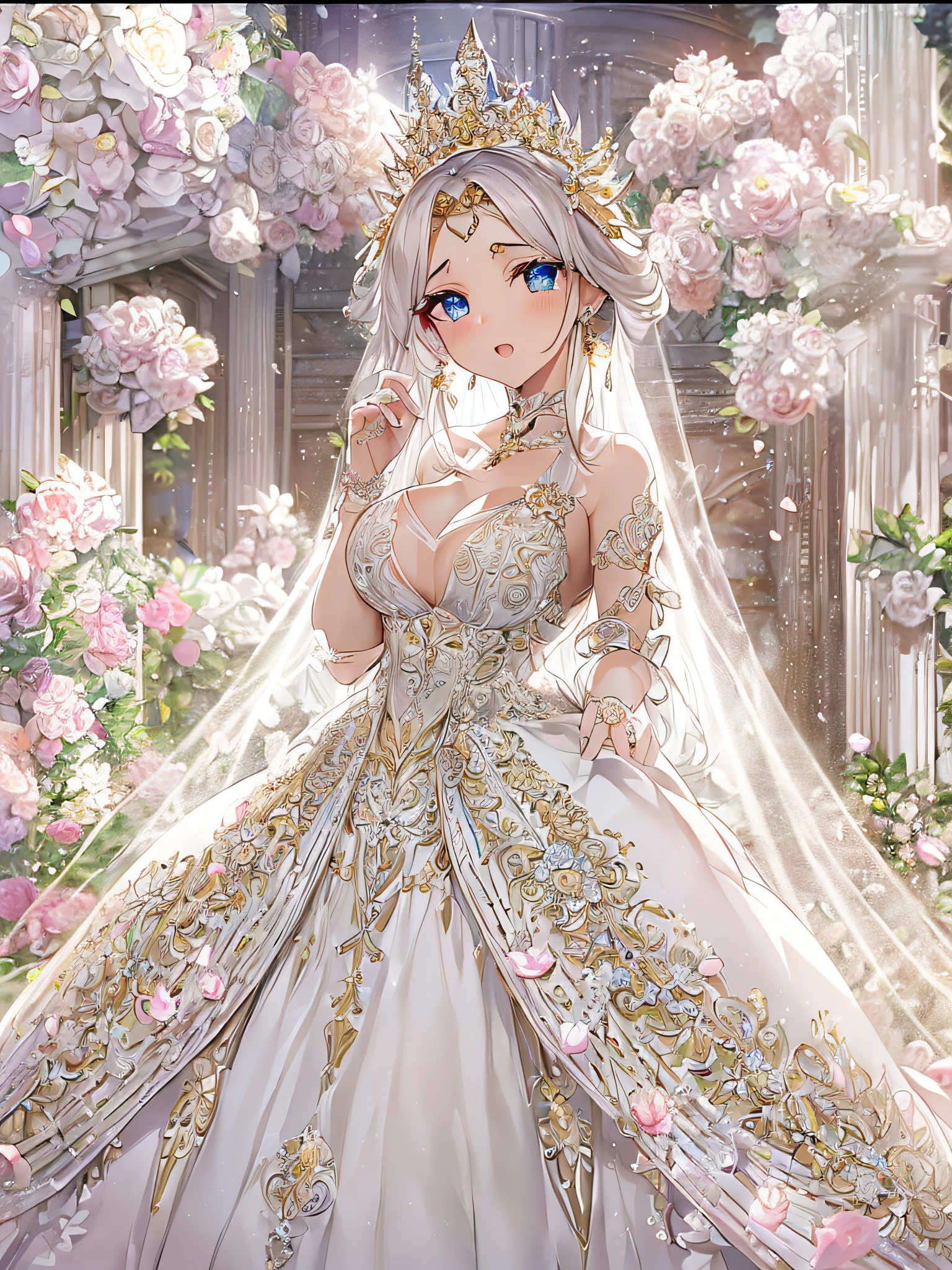 ((anime artstyle)),(Masterpiece),(Best Quality), (Super Detail),((Very Delicate and Beautiful)),Focus on character,Dynamic Angle,Looking at viewer,((Solo)),standing,((full body)),((one princess in gorgeousfull BlingBling wedding dress with voluminous skirt)),((BlingBling)),detailed face and eyes,jewel-like eyes,((Very Long voluminous Hair)),gorgeous embroidery and lace,((gorgeous corsage)),See-through,(Gorgeous BlingBling jewelry ornaments),luxury hair ornament,BlingBling luxury tiara with jewels,ornate ruffles,((gigantic breasts,Long breasts)),indoor,church wedding,((full body)),hoop skirt,crinoline,very long gorgeousfull wedding veil,(((jeweled gorgeous embroidery BlingBling wedding dress)))