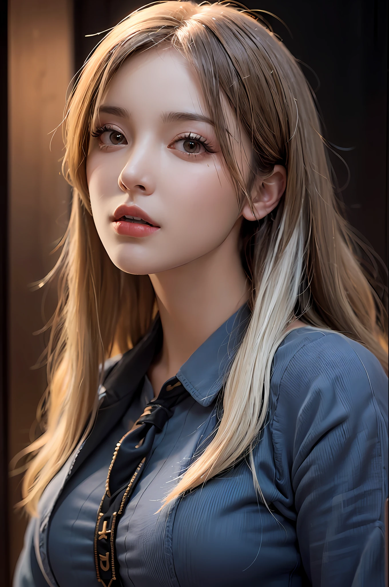(in the dark:1.6), Hyperrealist portrait of female by david hockney and alphonse mucha,fantasy art, photo realistic, dynamic lighting, artstation, poster, volumetric lighting, very detailed faces, 4 k, award winning,, 1girl, in the dark, deep shadow, low key,cowboy shot,(official clothing:1.4) ,long hair,white hair,