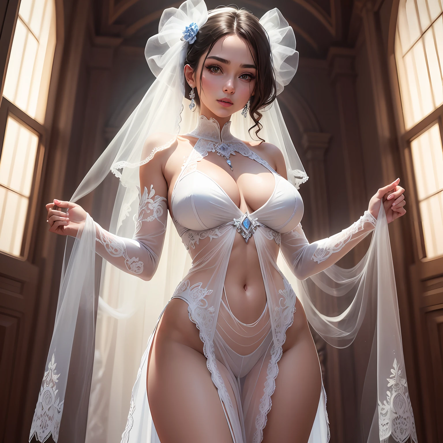 A woman who is, see-through transparent clothes, White tulle clothes, Seductive expressions, UHD, retina, masterpiece, ccurate, textured skin, anatomically correct, super detail, high details, high quality, highres, best quality, award winning, 16k, UHD, retina, masterpiece, ccurate, textured skin, anatomically correct, high details, super detail, award winning, best quality, highres, high quality, UHD, retina