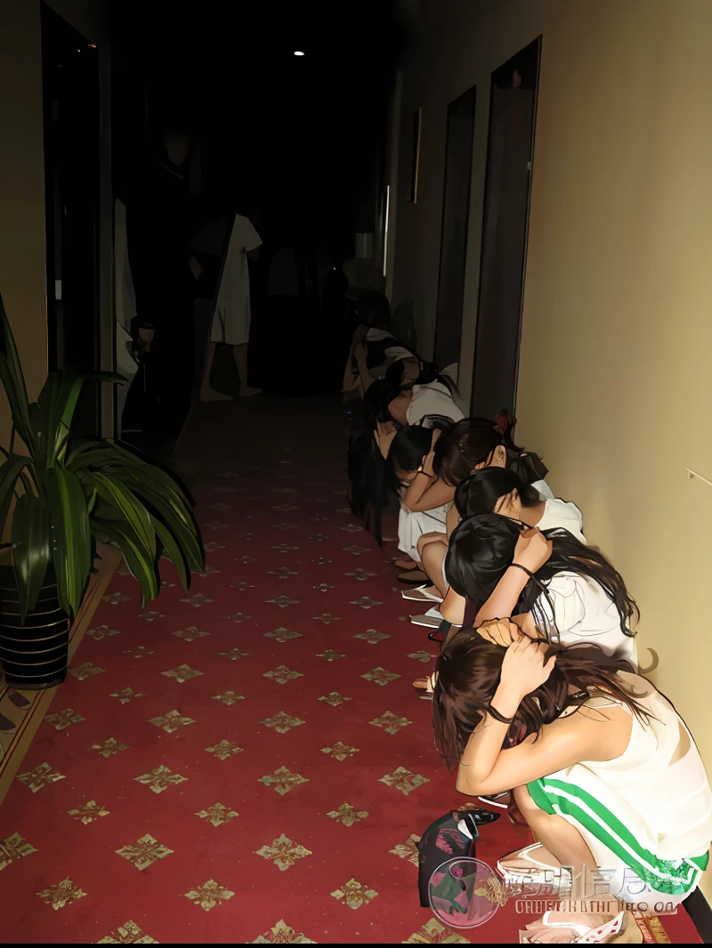 Several people sat on the floor of the hallway with their heads bowed, There is a long list of suspects, desperate pose, queuing, in a hotel hallway, Place your hands on your head,3am, wide - shot, wide wide shot, they are crouching, dead bodies in the background, They may be crawling, Head down, leaked photo