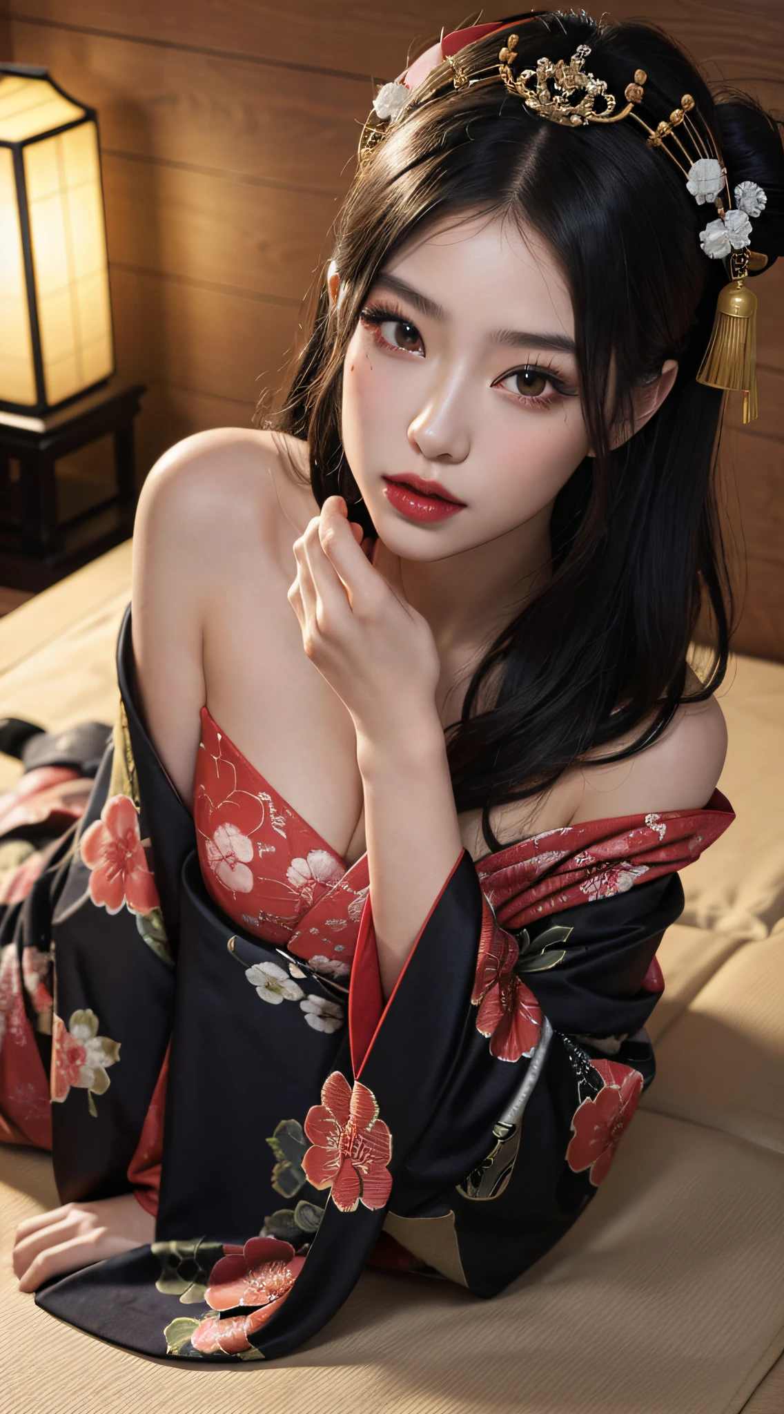 (Top image quality、8k、masuter piece:1.3))、(Realistic:1.2)、(1girl in)、20yr old、huge tit、(geisha hair:1.2)、(Deities々Bright luxury kimono:1.2)、(all-fours:1.2)、long kimono、(Oiran:1.3)、Delicat eyes、二重まぶた、(Very dark eyeliner)、red-lips、Soft breasts、delicated face