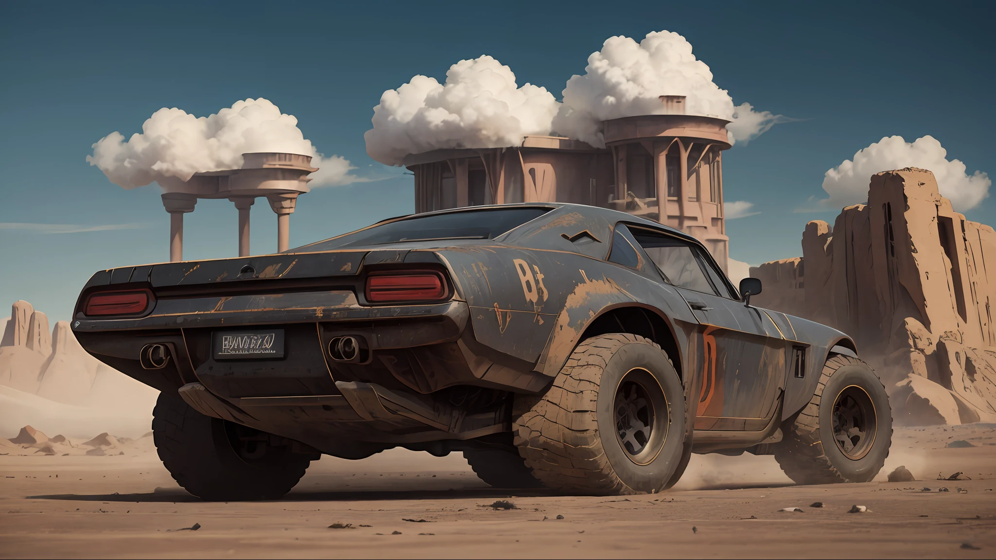 Create a cinematic, filmic image 4k, 8k with [George Miller's Mad Max style]. The image should be captured in a [wide-angle view] and depict [single] a [post-apocalyptic]  V8 [muscle car]. The car's paint is a [black] covered in a spots of [rust] and thin layer of smooth [dust] and [dirt], making it appear [rugged] and [gritty] but with visible [black color]
The car's body should be [sleek] and [aerodynamic], giving it a [low] and [aggressive] stance that conveys [power] and [speed]. The front of the car should feature a [distinctive] front nose cone with [rectangular lights] that adds to its [intimidating] appearance. The car's wheels should be [large] and [sturdy], with [thick] tires that can handle the [rough] terrain of the [post-apocalyptic] wasteland. The rims should be made of [durable] metal with a [unique design] that showcases the car's [individuality].
In addition, the car should have [eight exhaust side pipes]. The car should also feature a Weiand 6-71 [supercharger] mounted on the hood, protruding through the bonnet.
Car should be designed to look both [powerful] and [functional], built to withstand the [harsh] conditions of the [post-apocalyptic] wasteland.
The image should be [ultra-realistic], with [high-resolution] captured in [natural light]. The lighting should create [soft shadows] and showcase the [raw] and [vibrant colors] of the car. The image should be a highly-detailed photography set in a [post-nuclear], [fallout] like setting, conveying a sense of [danger] and [grittiness]. The final image should be a [masterpiece], with a [realistic portrayal] of the Interceptor that is both [intimidating] and [awe-inspiring]. Background should contain [empty desert highway], image takes place before the storm, with the [hot summer sun] still shining brightly in the sky, but in the distance, the sky is a [dark and foreboding shade of blue], hinting at an impending storm