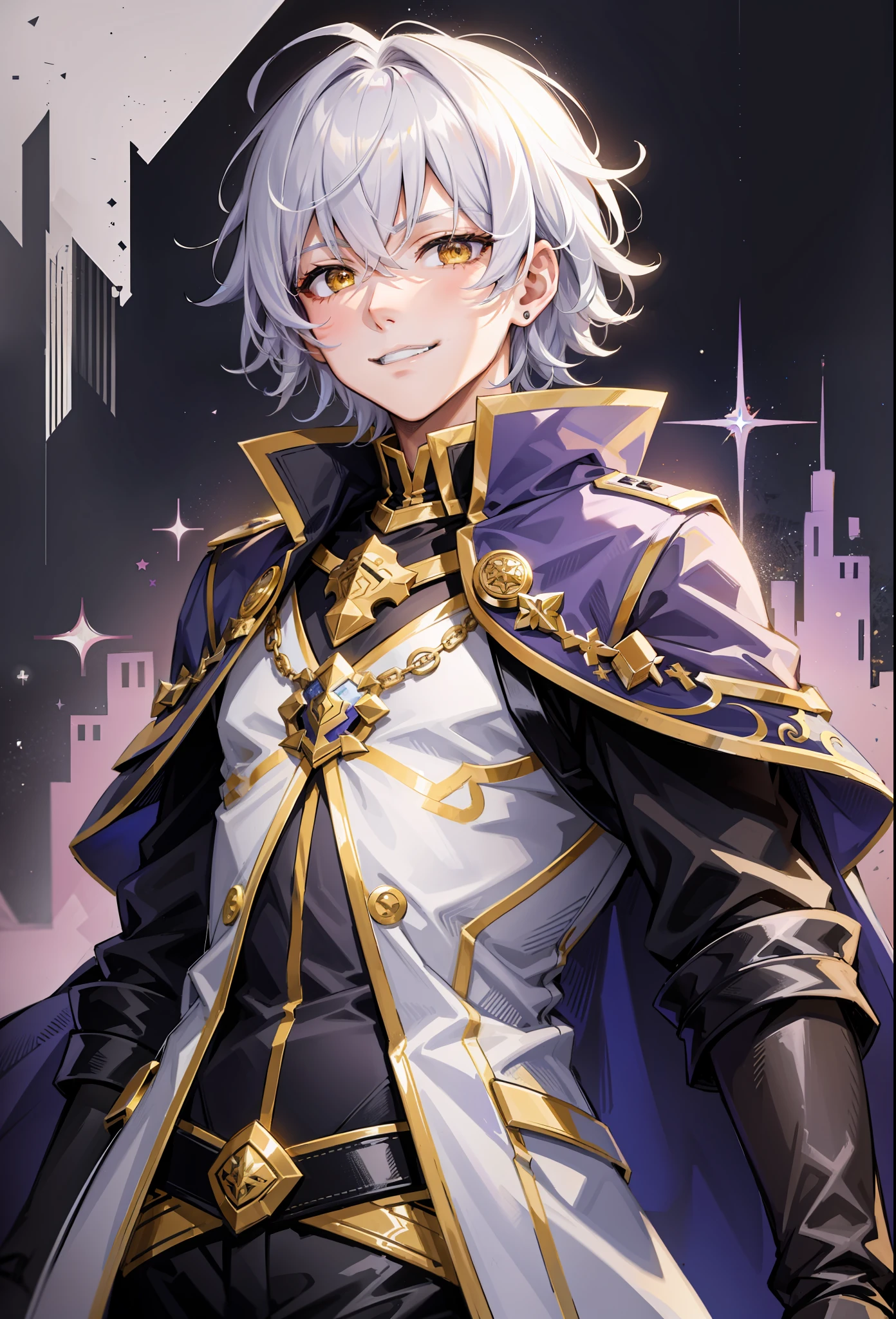tmasterpiece, 1boy, Galahad of "fate", white colored hair, Short Hair Hair, Yellow eyes, bloods, smirk, purple cloak, black undershirt, upper-body