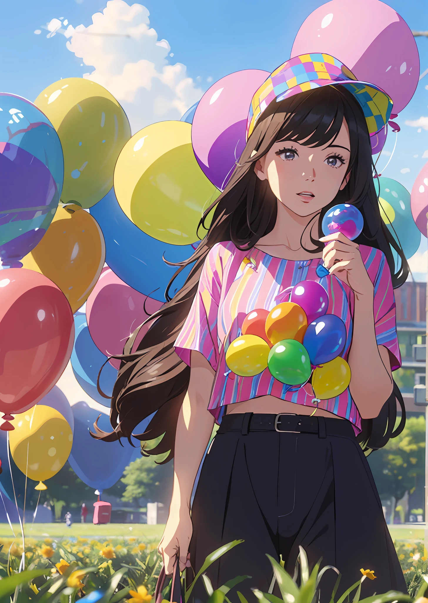 a girl ((holding colorful balloons)),  in the field, colorful balloons floating in the sky,  hyper detail,  UHD, super realistic --auto --s2