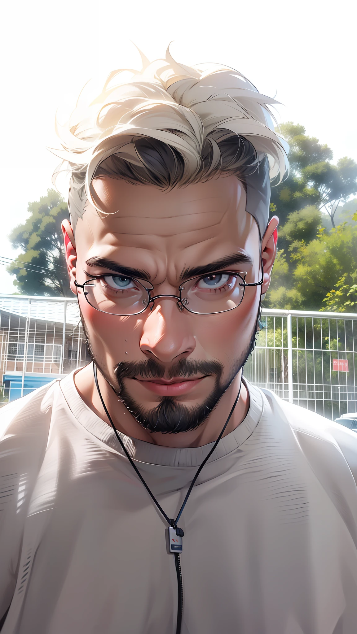 1homem, corpo inteiro, cabelo branco curto, musculoso, barba, Streetwear, cargo pants, colar, brazil, rua, (obra-prima, melhor qualidade, highres, ultra detalhado), noite, profundidade de campo, eyeglass,
