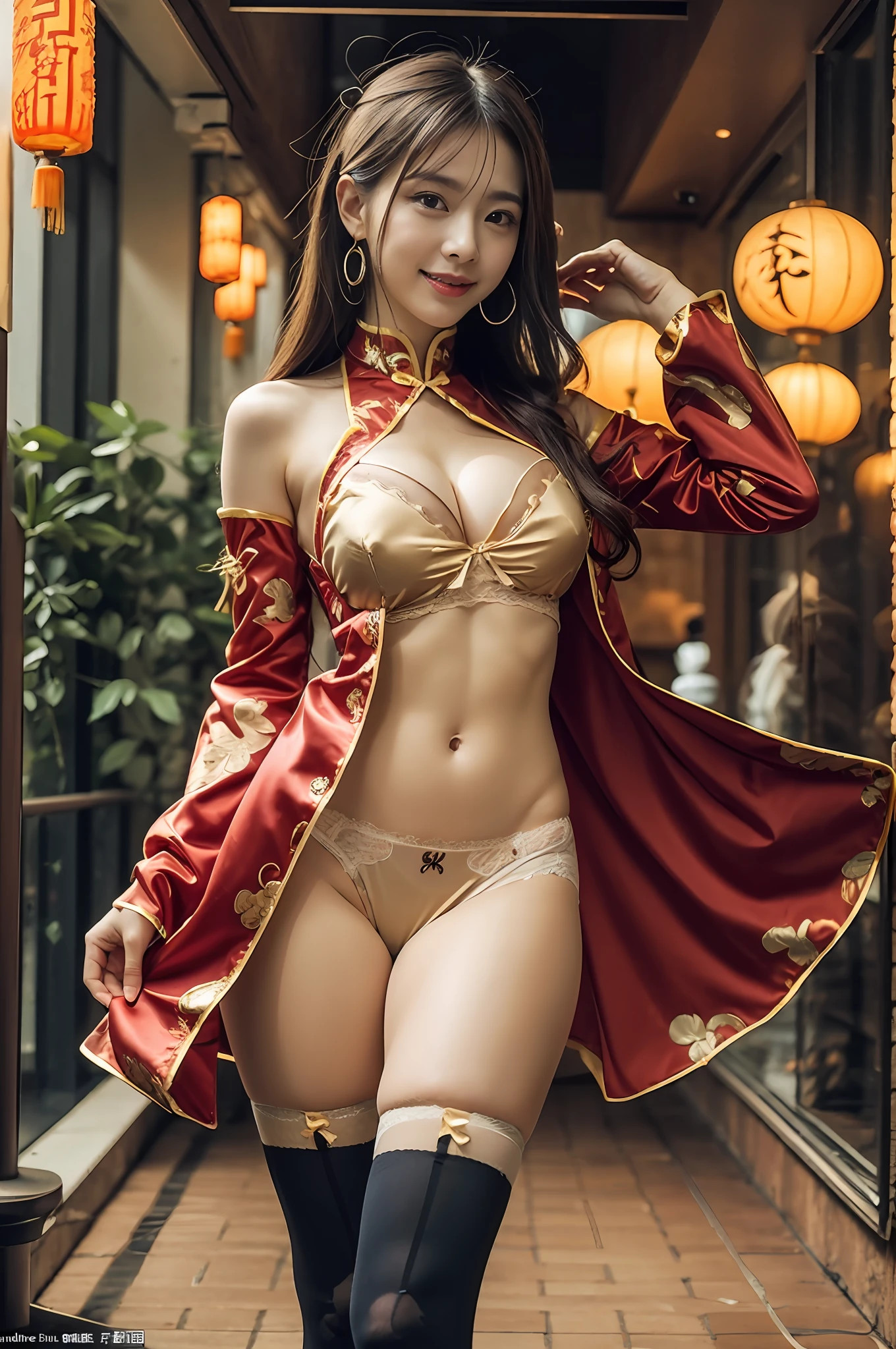 (((long Traditional Chinese costumes outfit comes off))),(((pants wedged between buttocks))),(((Show cleavage))),(((bare inner thigh)))、(((show side breast))),(((detached sleeves))),(((over-kneehighs))),ulzzang-6500-v1.1, (Raw photo:1.2), (Photorealsitic:1.4), a beautiful detailed girl, extremely detailed eye and face, beautiful detailed eyes, ultra-detailed, High resolution, top-quality, masterpiece, ighly detailed, 8k wallpaper, magnifica, finely detail, top-quality, Light on the face,电影灯光,1girl in,(Luxury hotel bedroom),Beautiful eyes,smile,Opening Mouth,Lace-rimmed panties、(see through)、Very delicately、(((Light underwear:1.5)))