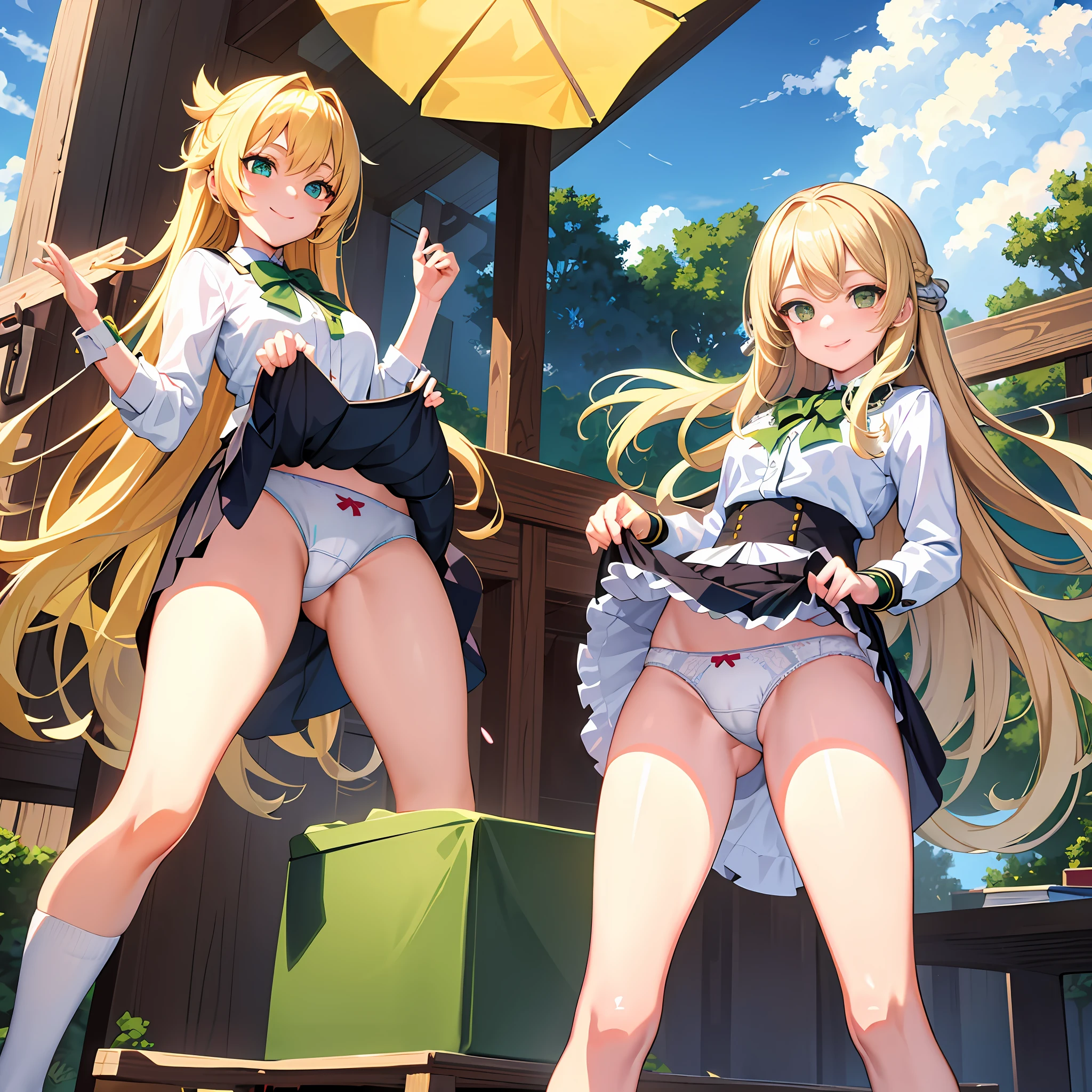 ((masterpiece, best quality)),(masterpiece), illustration, anime, 1girl,(),long blonde hair,dropping green eye, smile face, cloud, flow,(skirt lift),show off panties,(white panties), ,