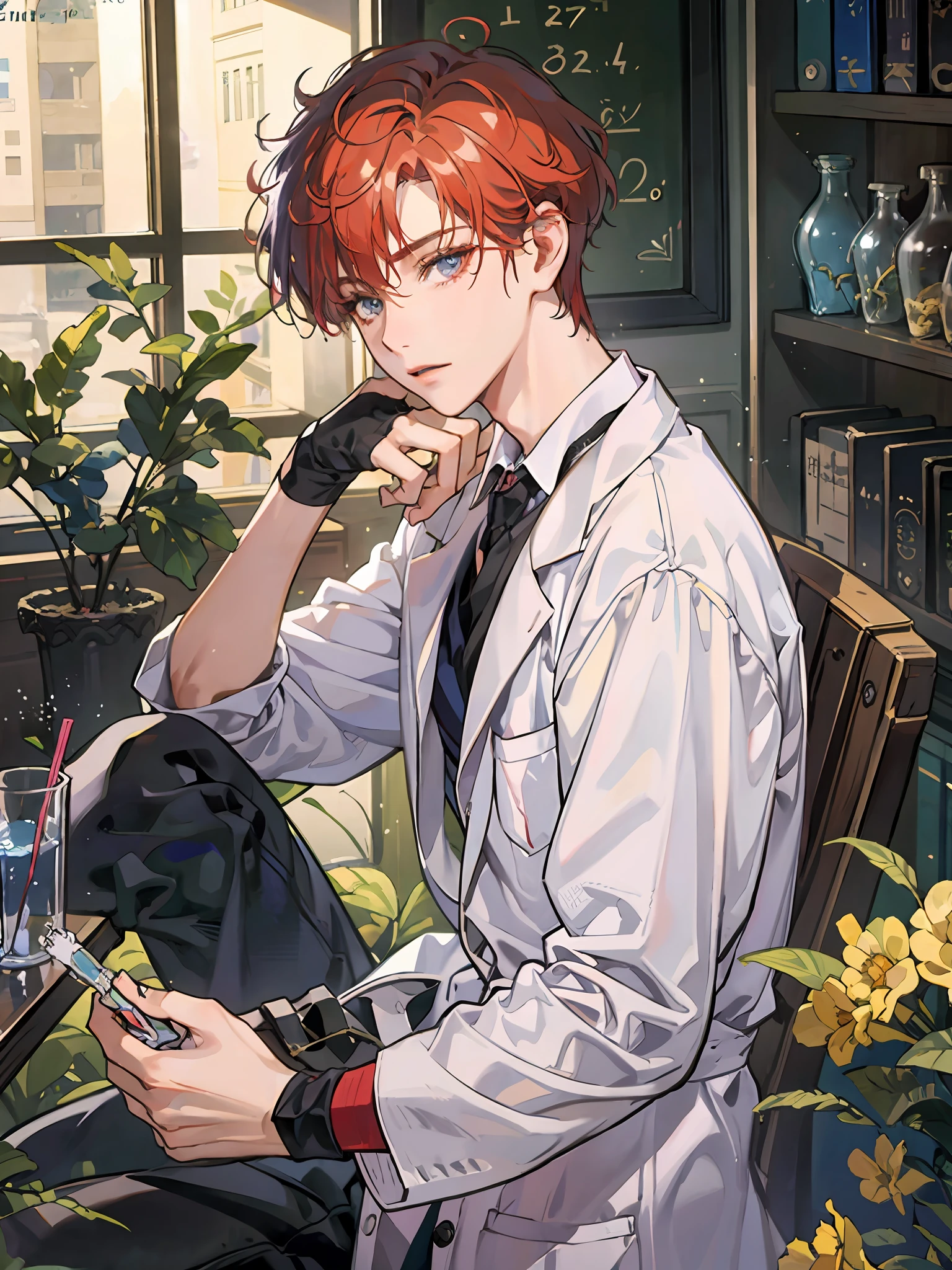 (beste-Qualit), (photo-realistic: 1), realistic skin texture, bokeh, facial focus, gaze at the viewer, pharmacist, White lab coat, A young, beutiful, laboratory, Experiments, test tube, drinking glass, microscope, bookshelf ，Colored liquid, (Haruka Tenoh's hairstyle, Redhead:1), ((((man:1)))