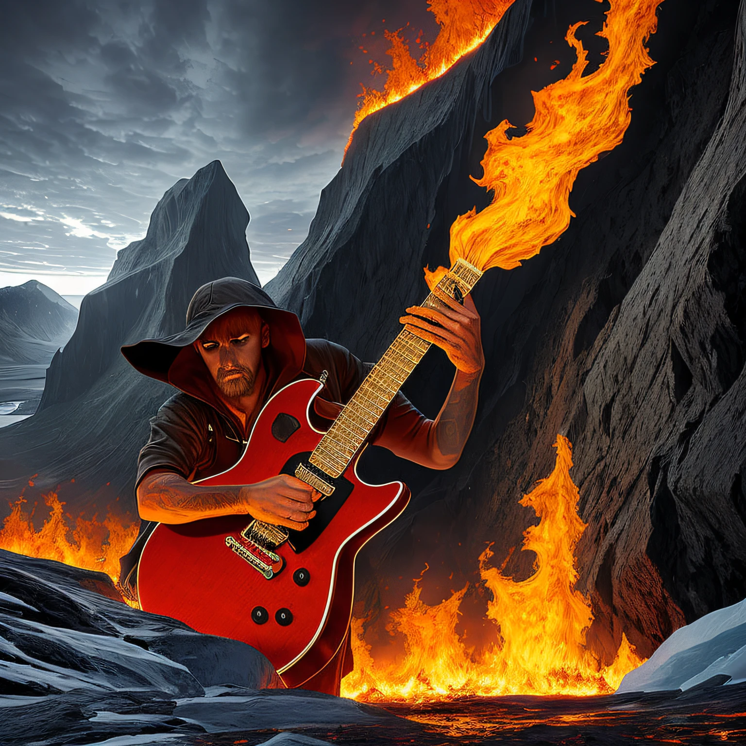 monster playing guitar on edge of abyss in flames with ice rain --auto